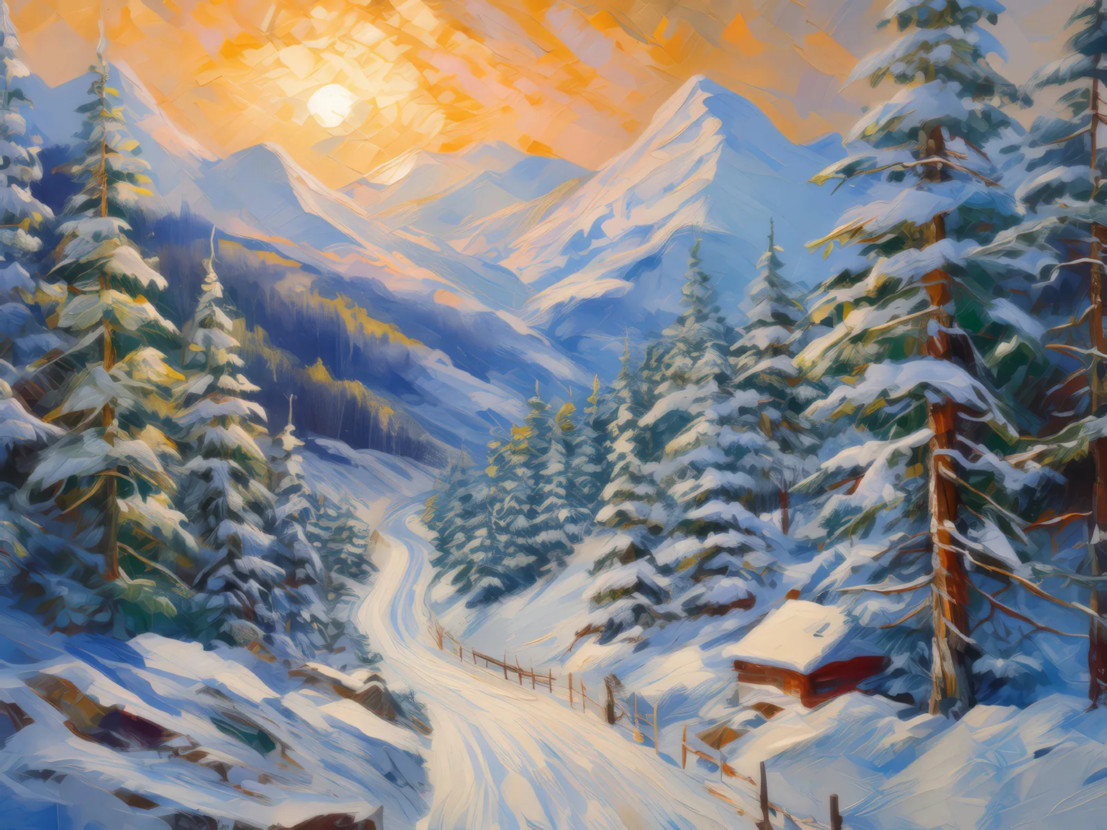 Mountain Pass in Winter, a palette-knife oil landscape by Emma Mickelberg