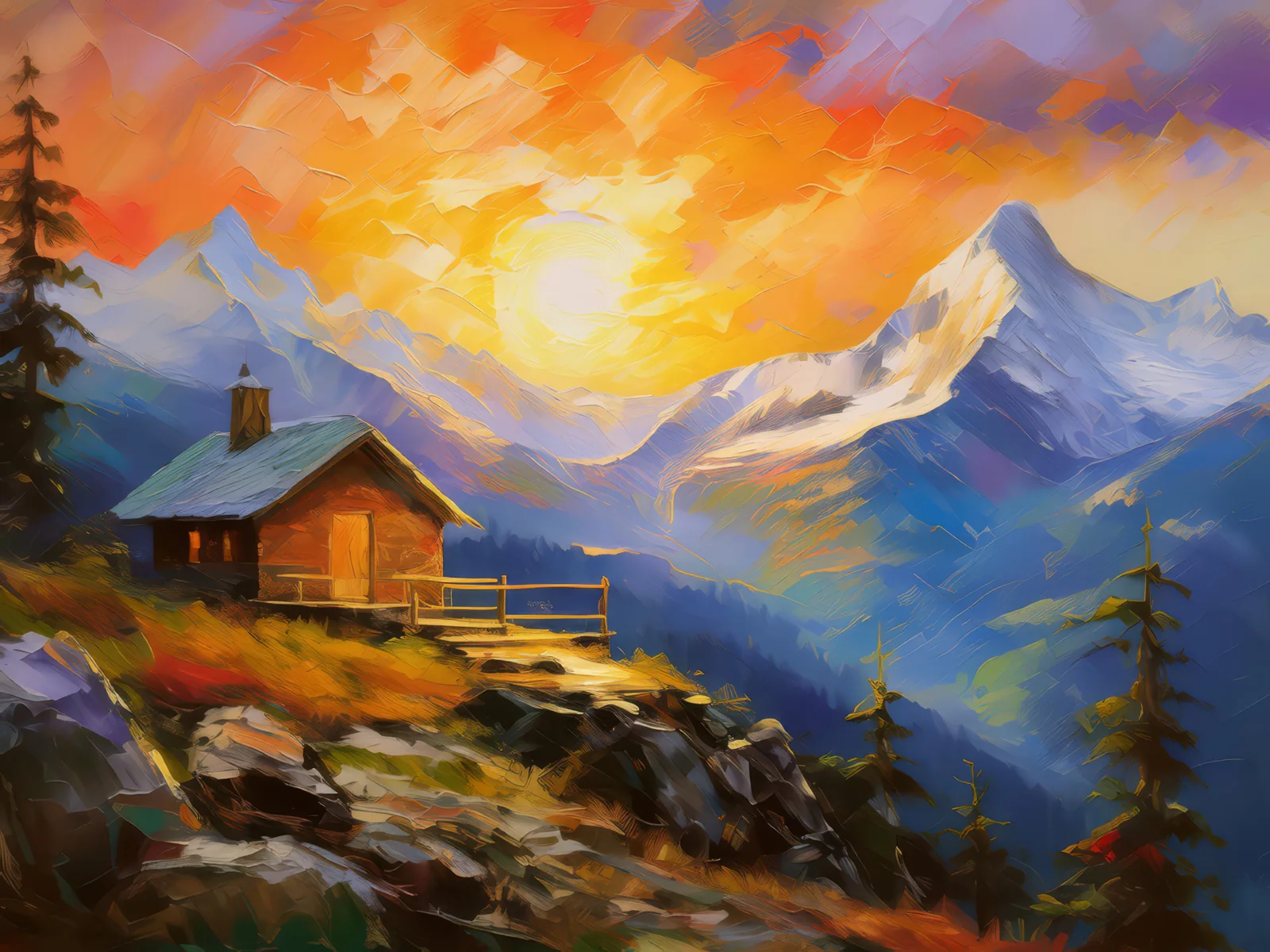 Mountain Refuge at Sunset, a palette-knife oil landscape by Emma Mickelberg