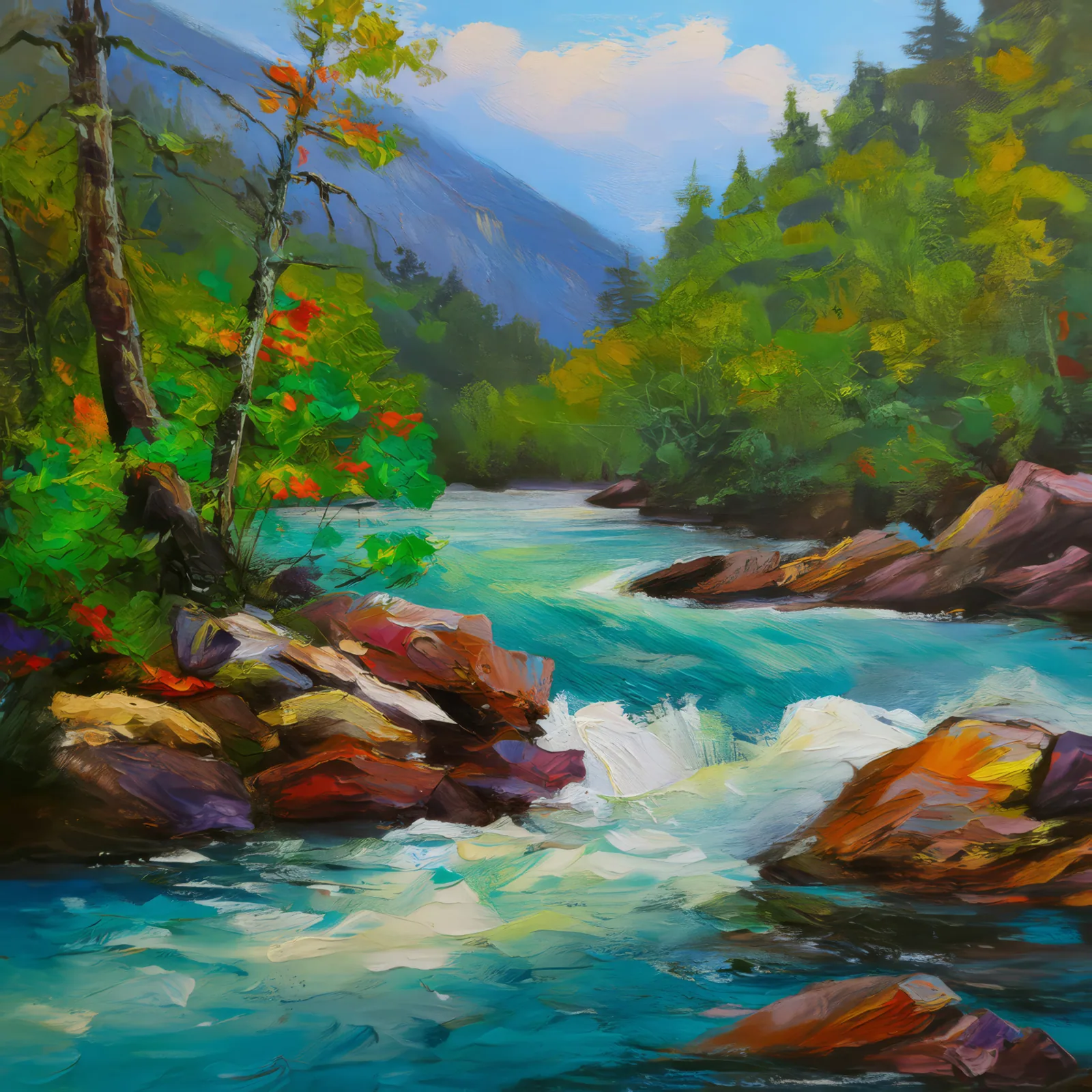 Mountain River Rapids, a palette-knife oil landscape by Emma Mickelberg