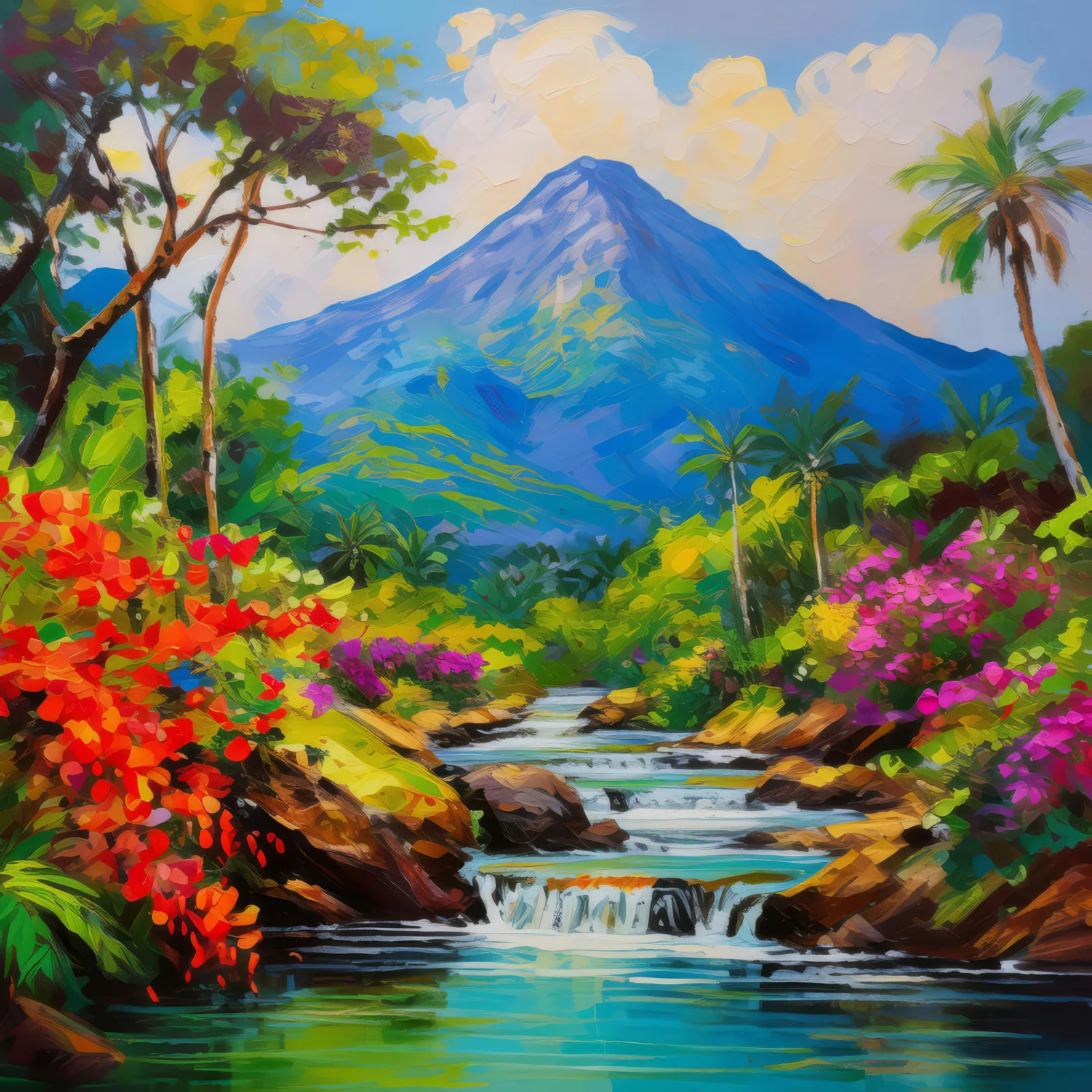 Mountain Stream in the Tropics, a palette-knife oil landscape by Emma Mickelberg