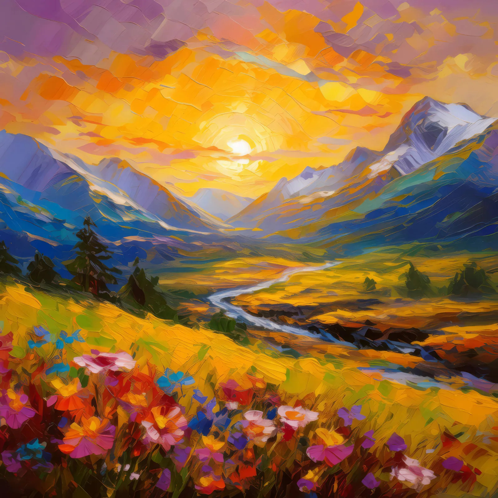 Mountain Sunrise, a palette-knife oil landscape by Emma Mickelberg