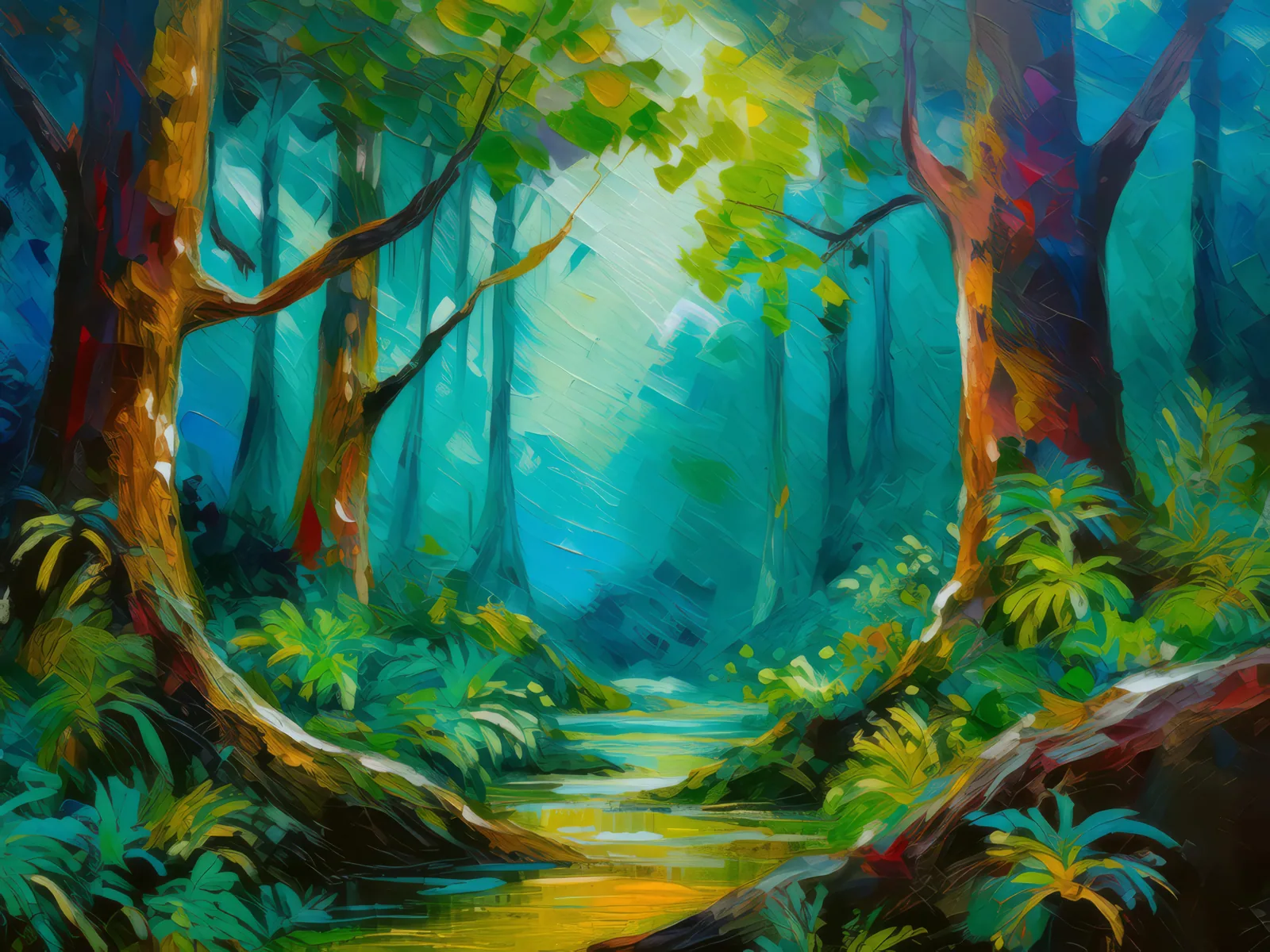 Mysteries of the Boreal Jungle, a palette-knife oil landscape by Emma Mickelberg