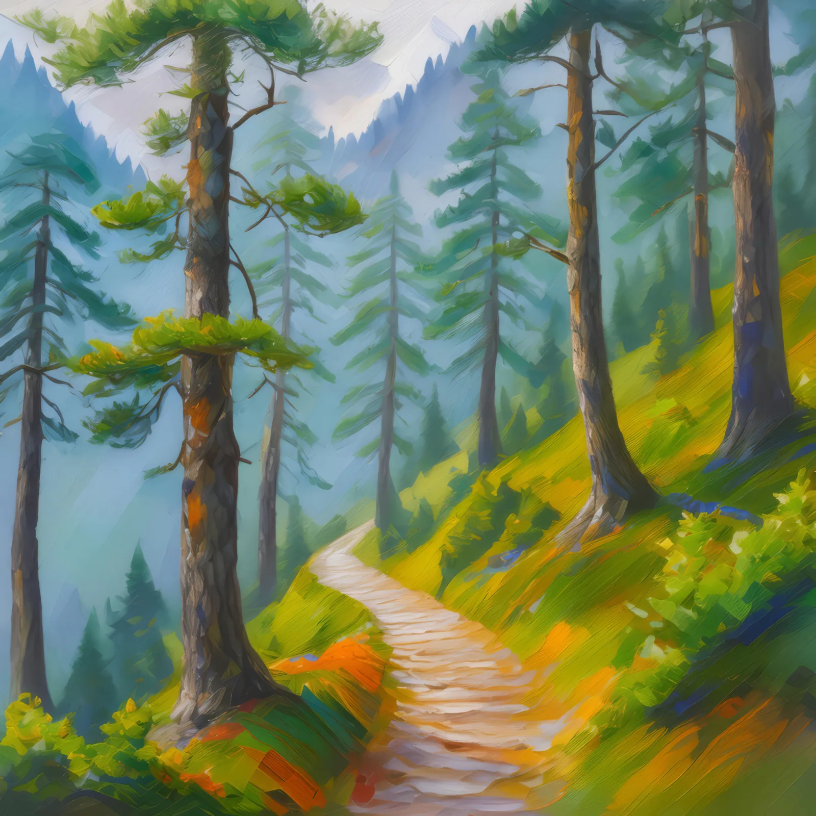 Mysterious Alpine Forest Path, a palette-knife oil landscape by Emma Mickelberg