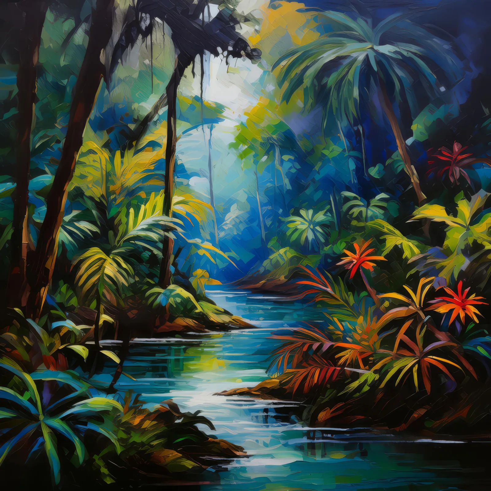 Mysterious Jungle River, a palette-knife oil landscape by Emma Mickelberg