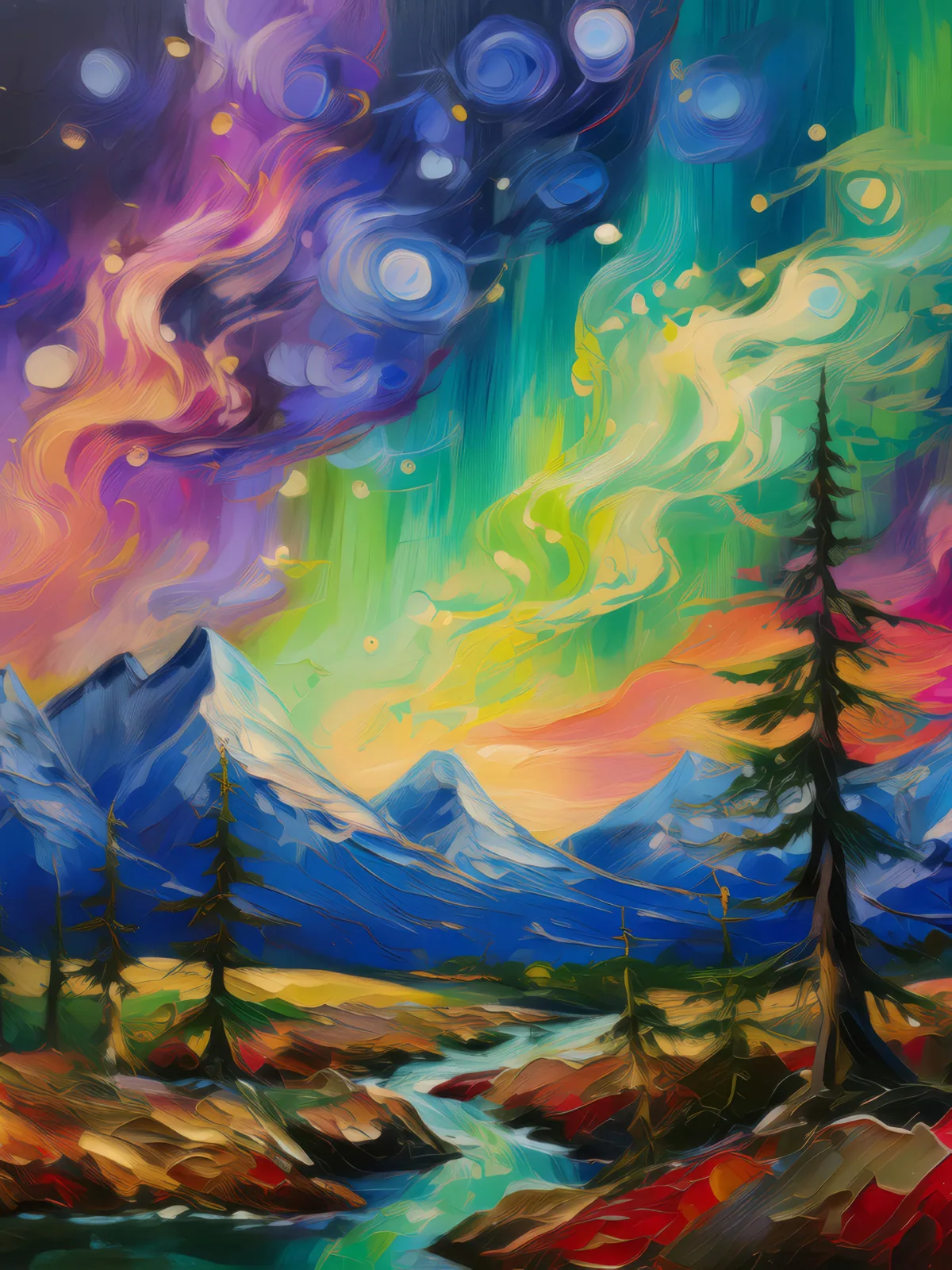Mystic Aurora in Boreal Desert, a palette-knife oil landscape by Emma Mickelberg