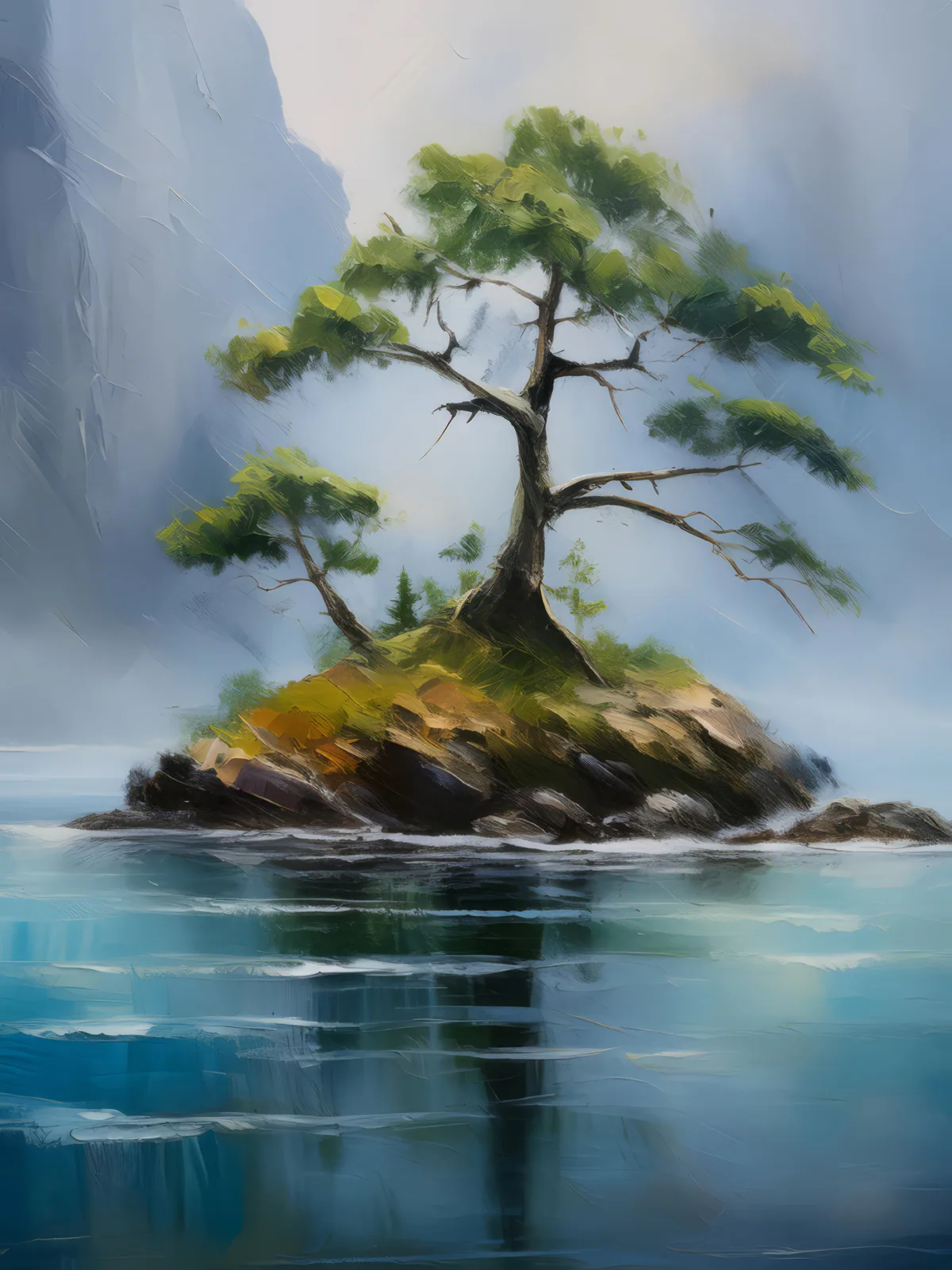 Mystic Fog Island, a palette-knife oil landscape by Emma Mickelberg