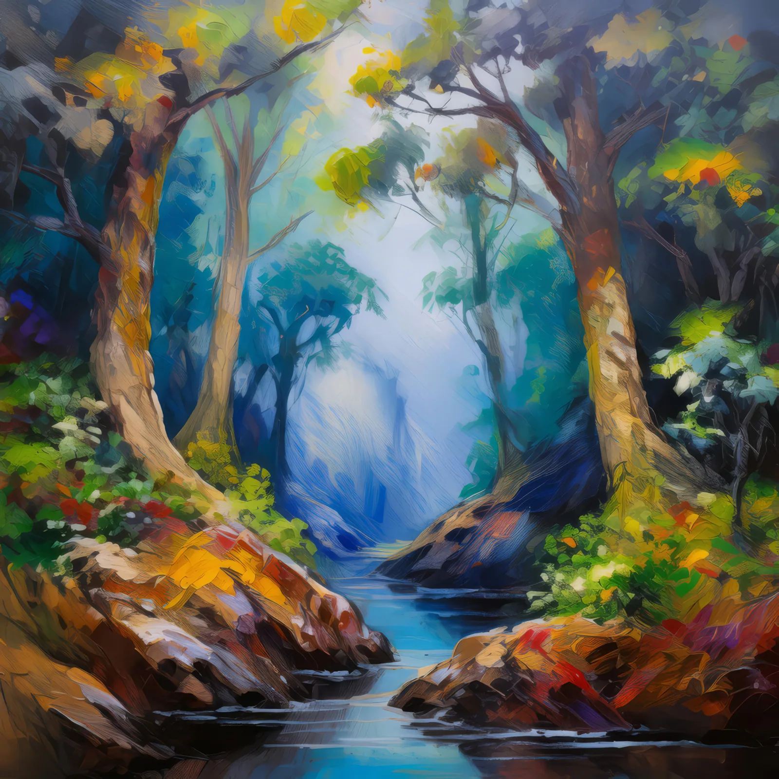 Mystic Forest Chasm, a palette-knife oil landscape by Emma Mickelberg