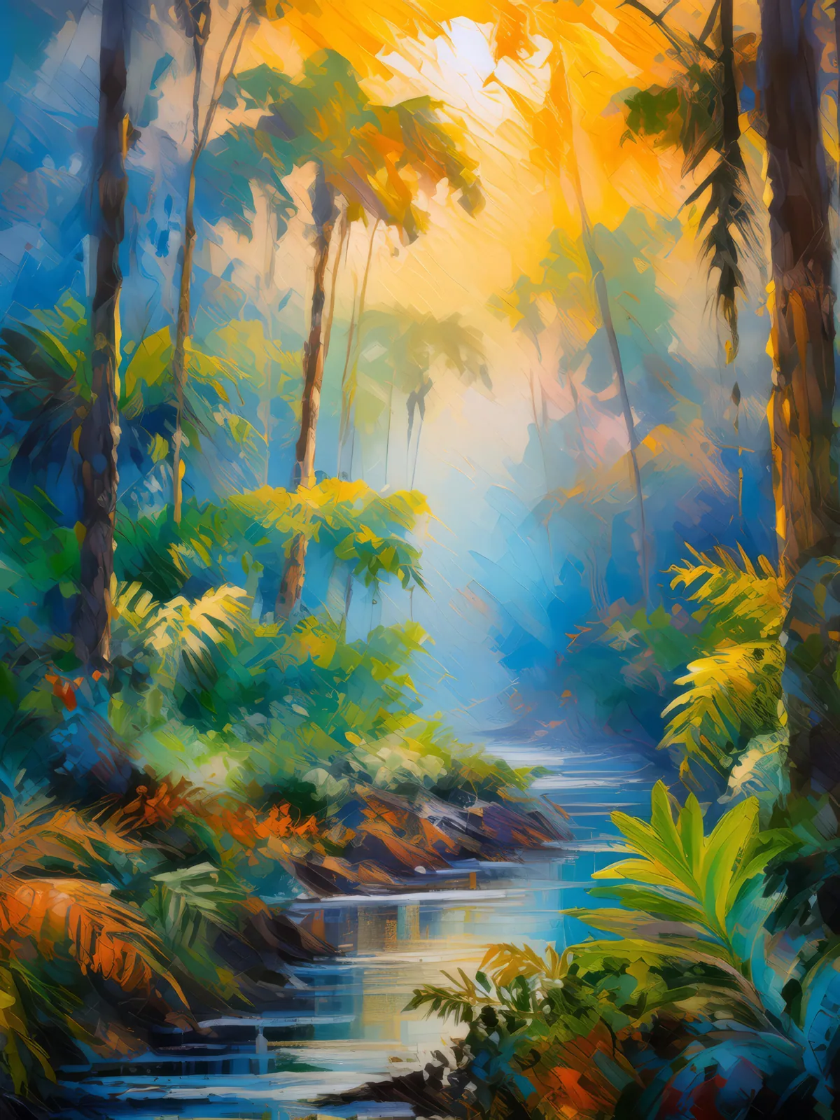 Mystic Jungle at Dawn, a palette-knife oil landscape by Emma Mickelberg