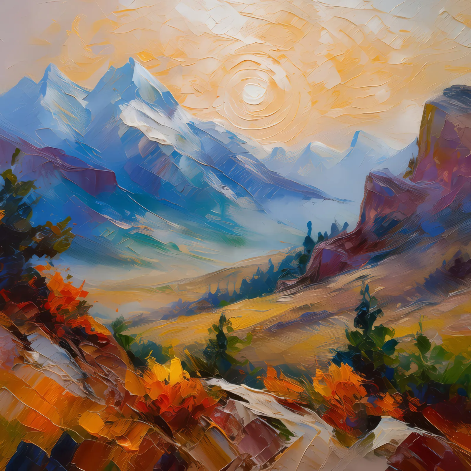 Mystical Alpine Desert Fog, a palette-knife oil landscape by Emma Mickelberg