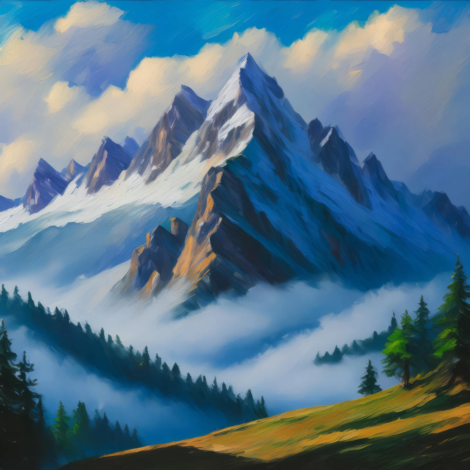 Mystical Alpine Fog, a palette-knife oil landscape by Emma Mickelberg