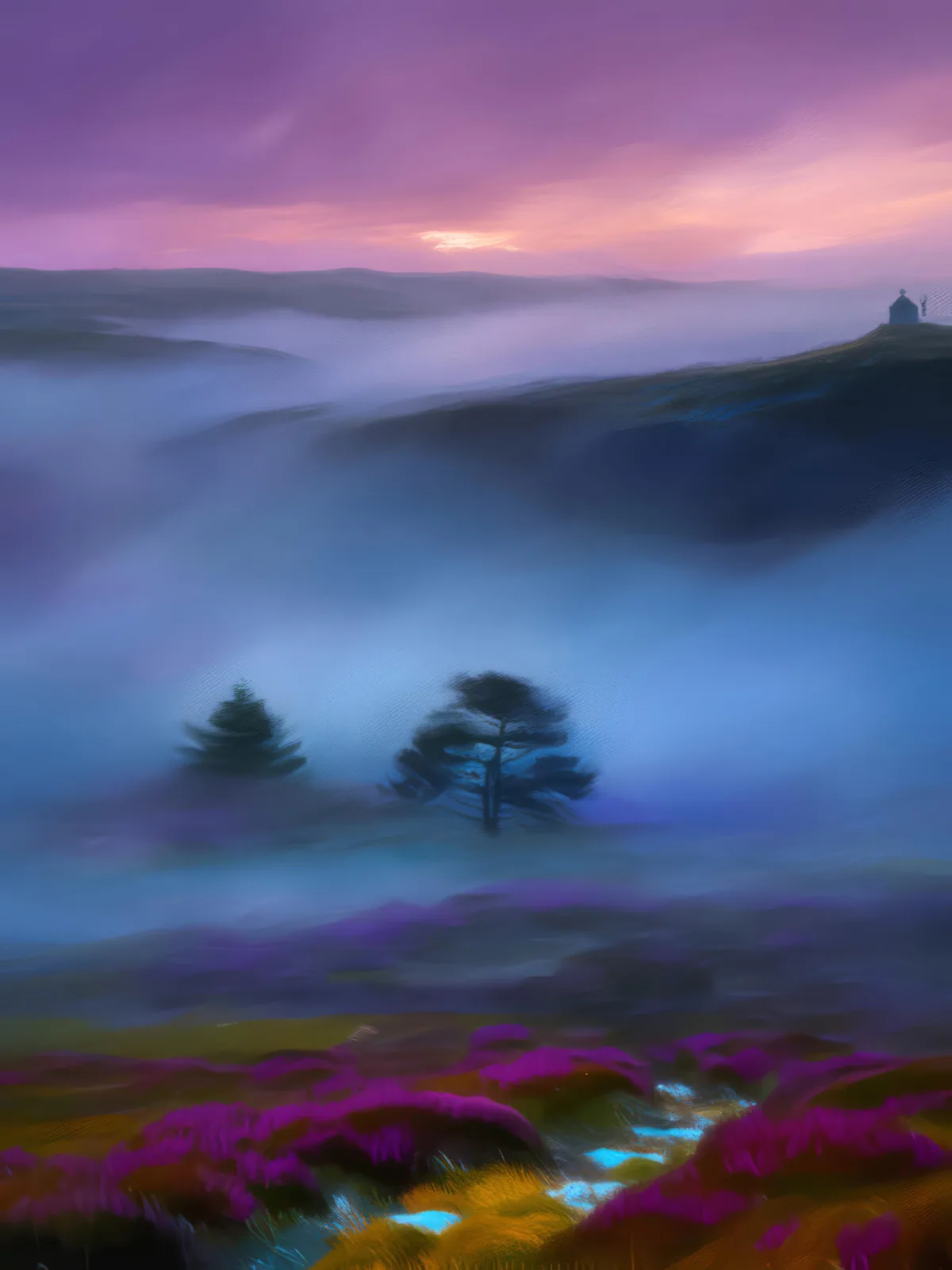 Mystical Fog over Moor, a palette-knife oil landscape by Emma Mickelberg