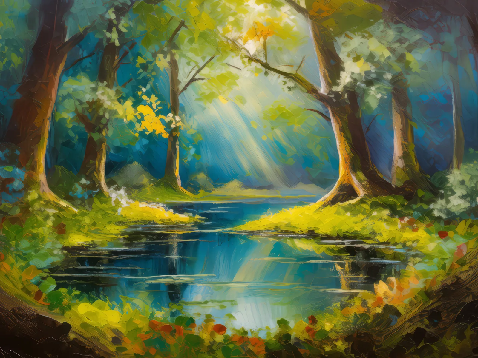 Mystical Forest Clearing, a palette-knife oil landscape by Emma Mickelberg