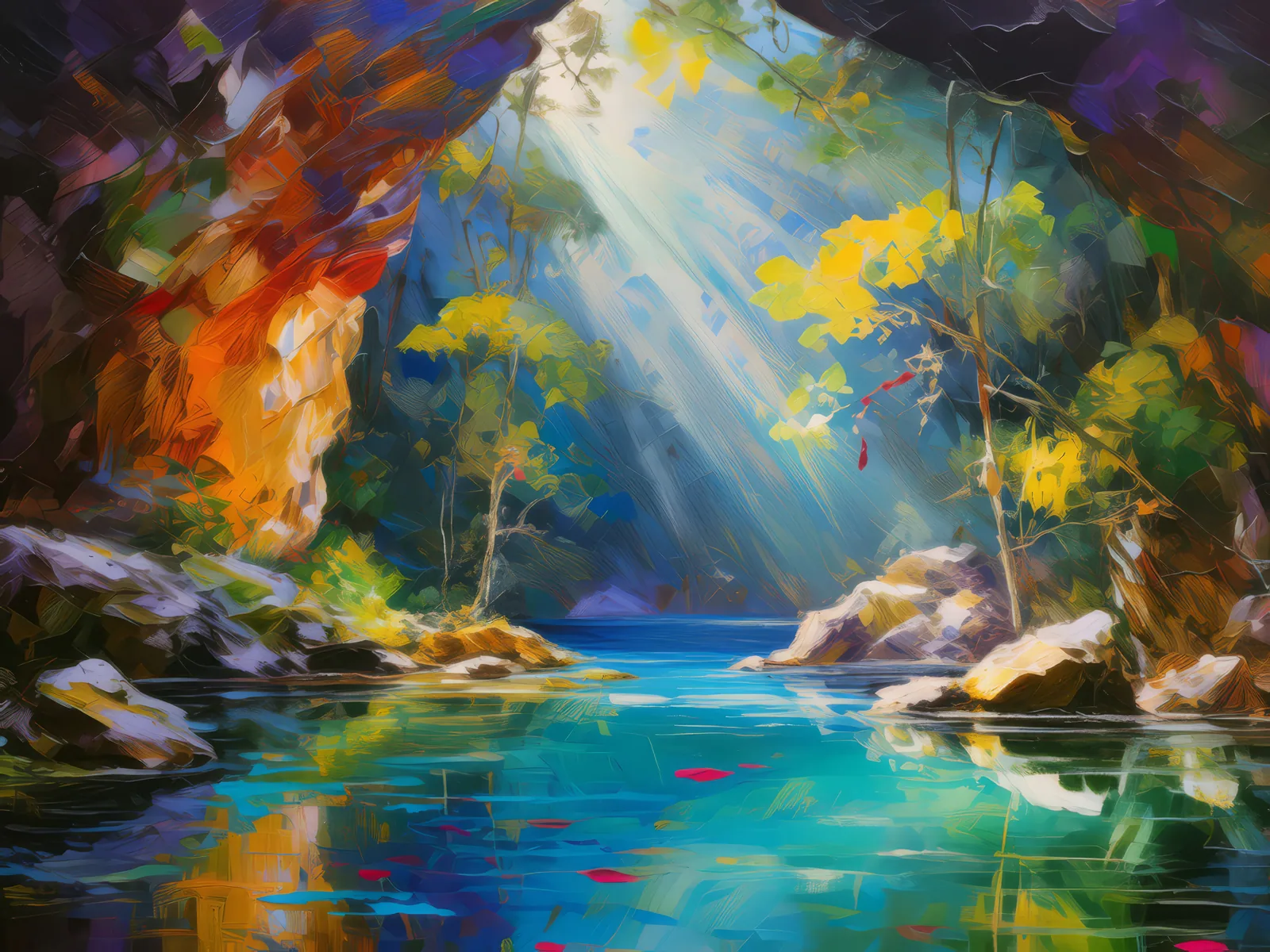Mystical Lake Cavern, a palette-knife oil landscape by Emma Mickelberg