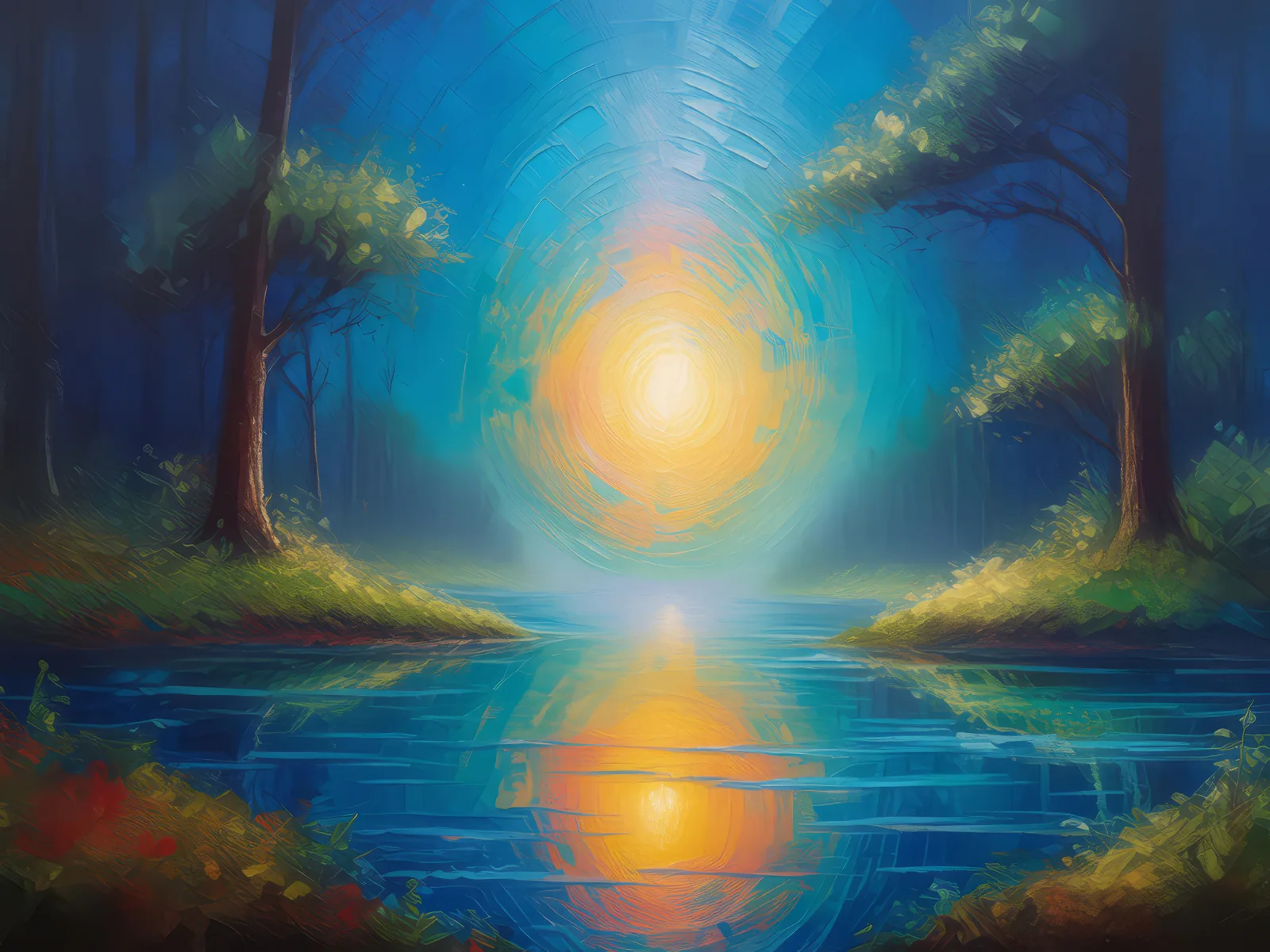 Mystical Lake Portal, a palette-knife oil landscape by Emma Mickelberg