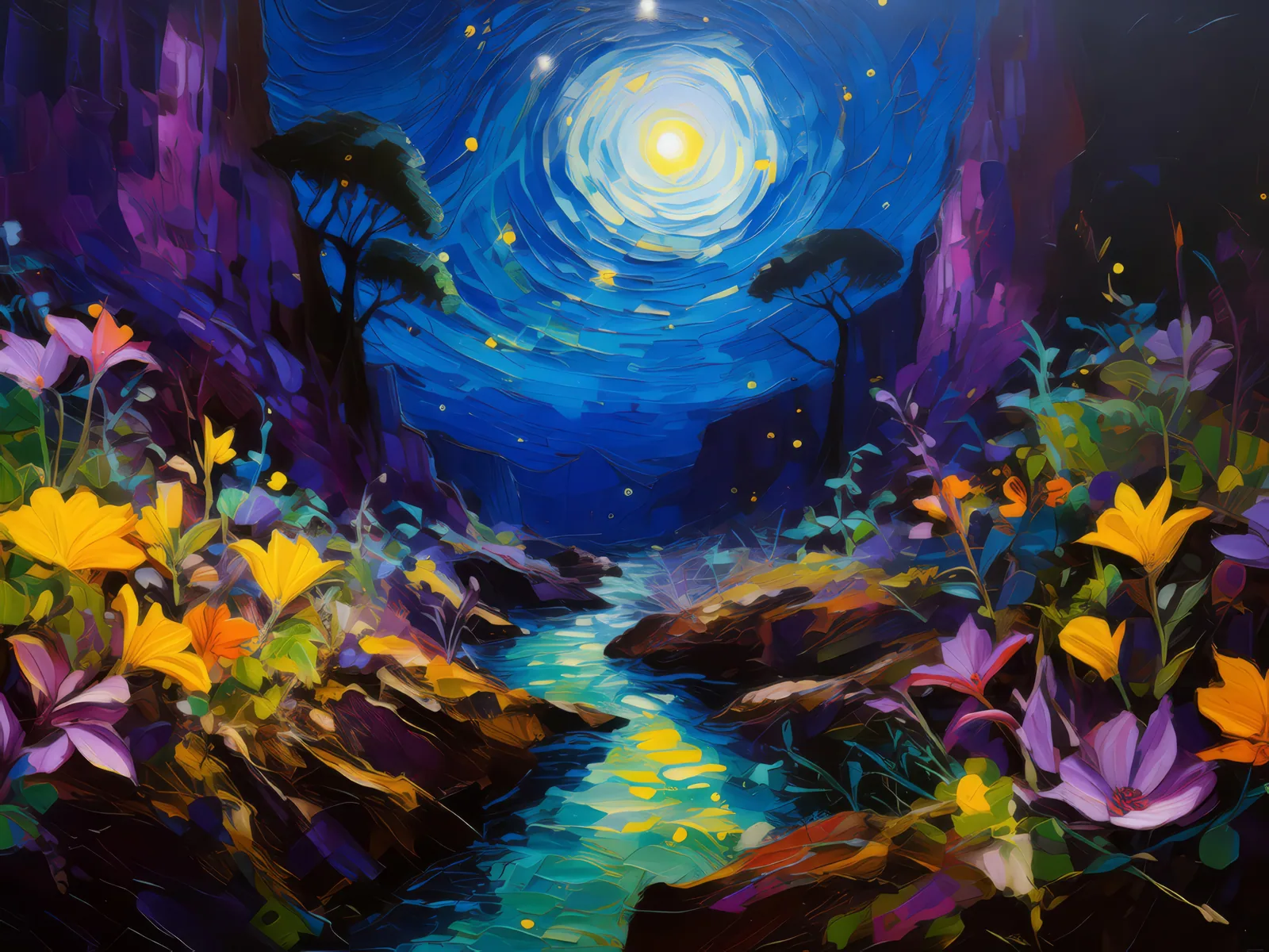 Mystical Night Chasm, a palette-knife oil landscape by Emma Mickelberg