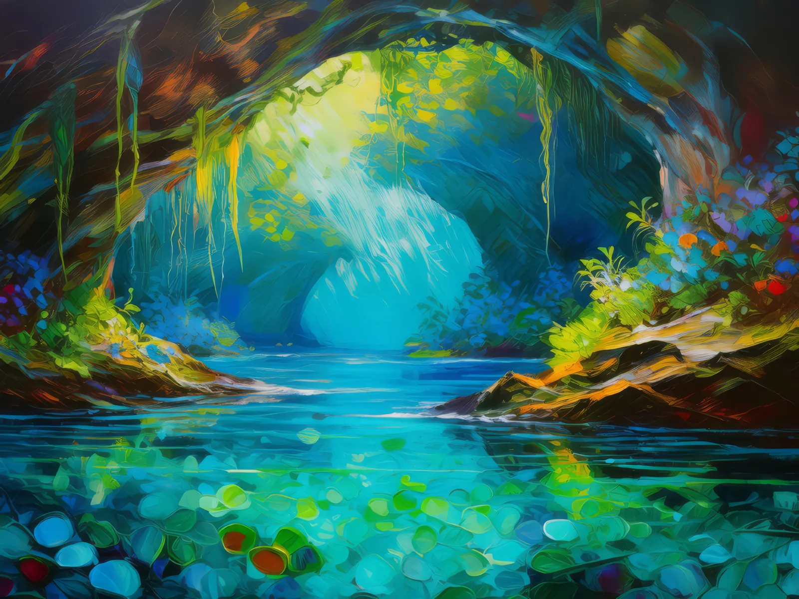 Mystical Ocean Cave, a palette-knife oil landscape by Emma Mickelberg