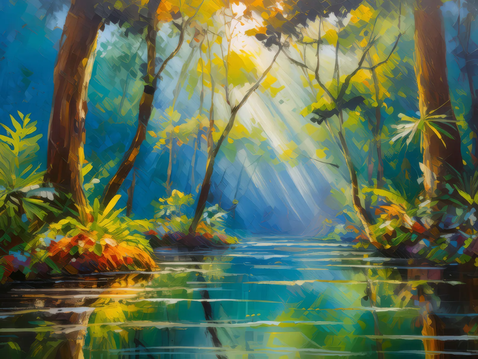 Mystical Swamp Light, a palette-knife oil landscape by Emma Mickelberg