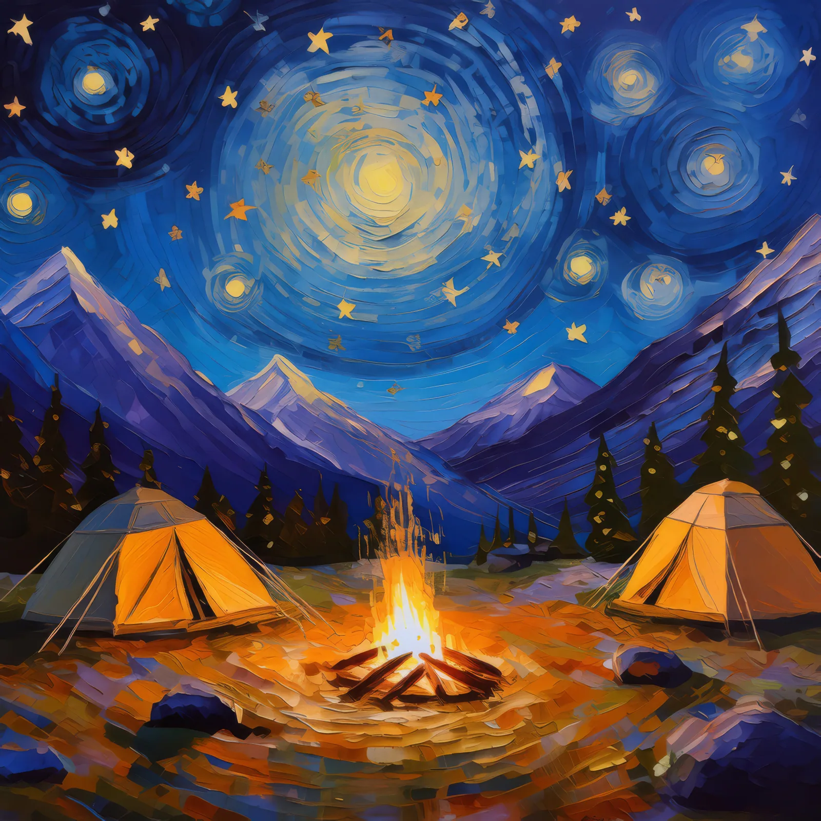 Night Camp Alpine Desert, a palette-knife oil landscape by Emma Mickelberg