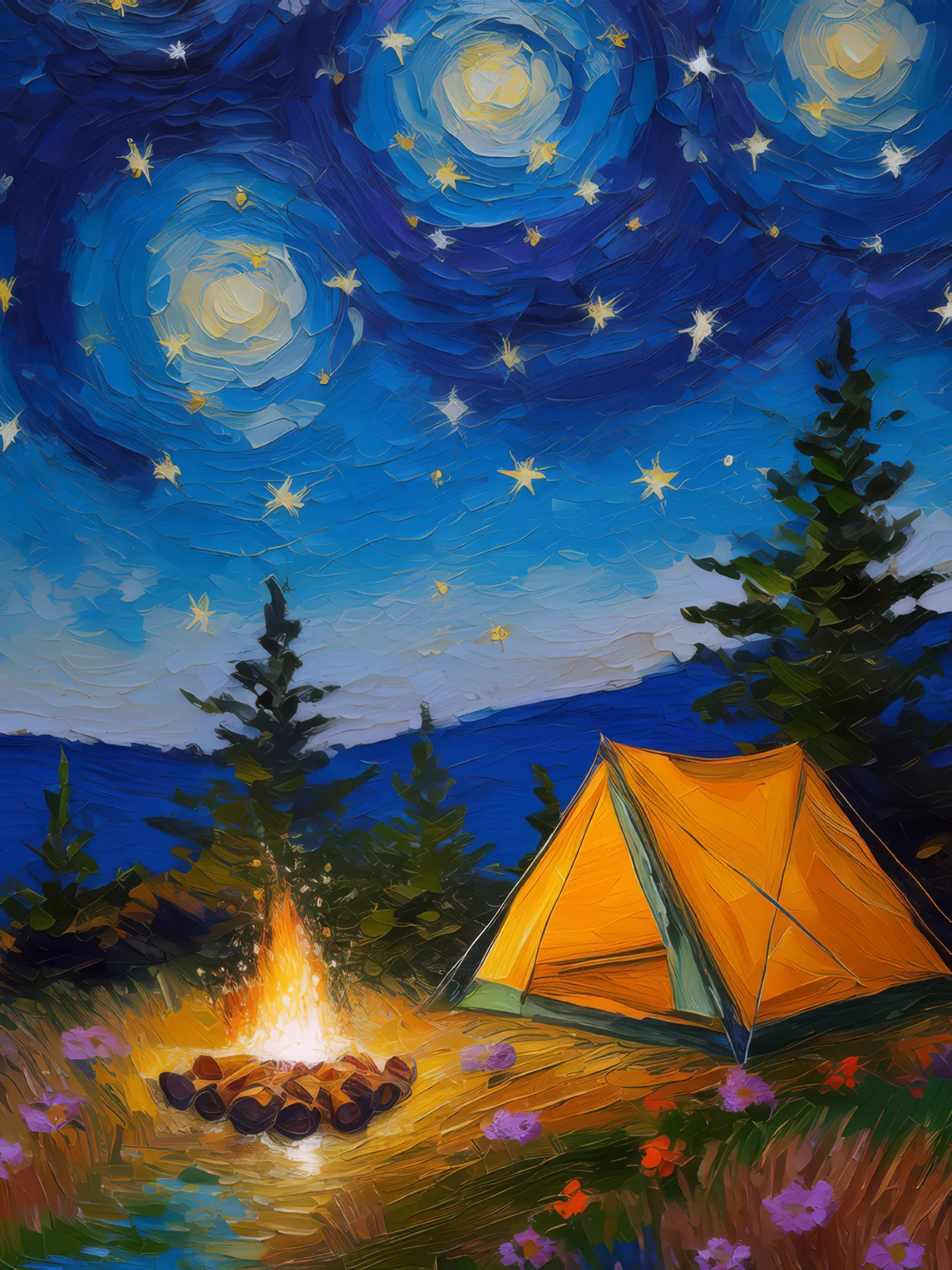 Night Camping on Moor, a palette-knife oil landscape by Emma Mickelberg