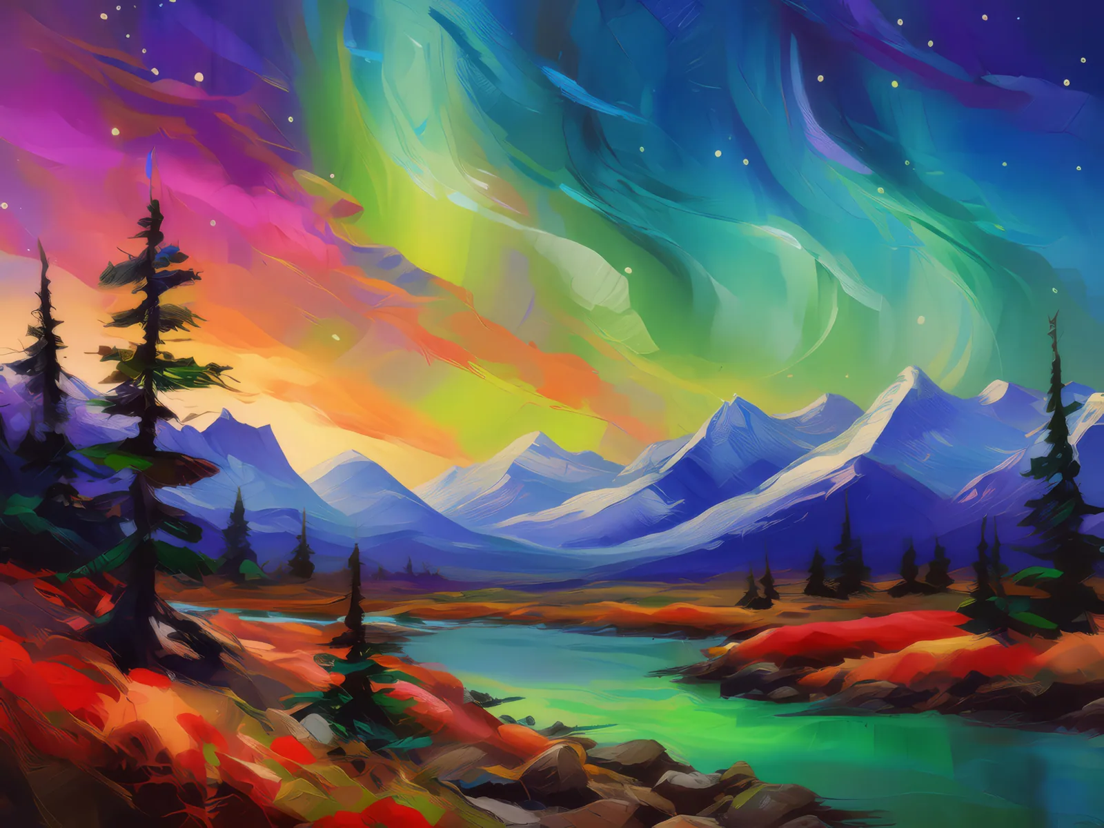 Night Lights in Boreal Desert, a palette-knife oil landscape by Emma Mickelberg