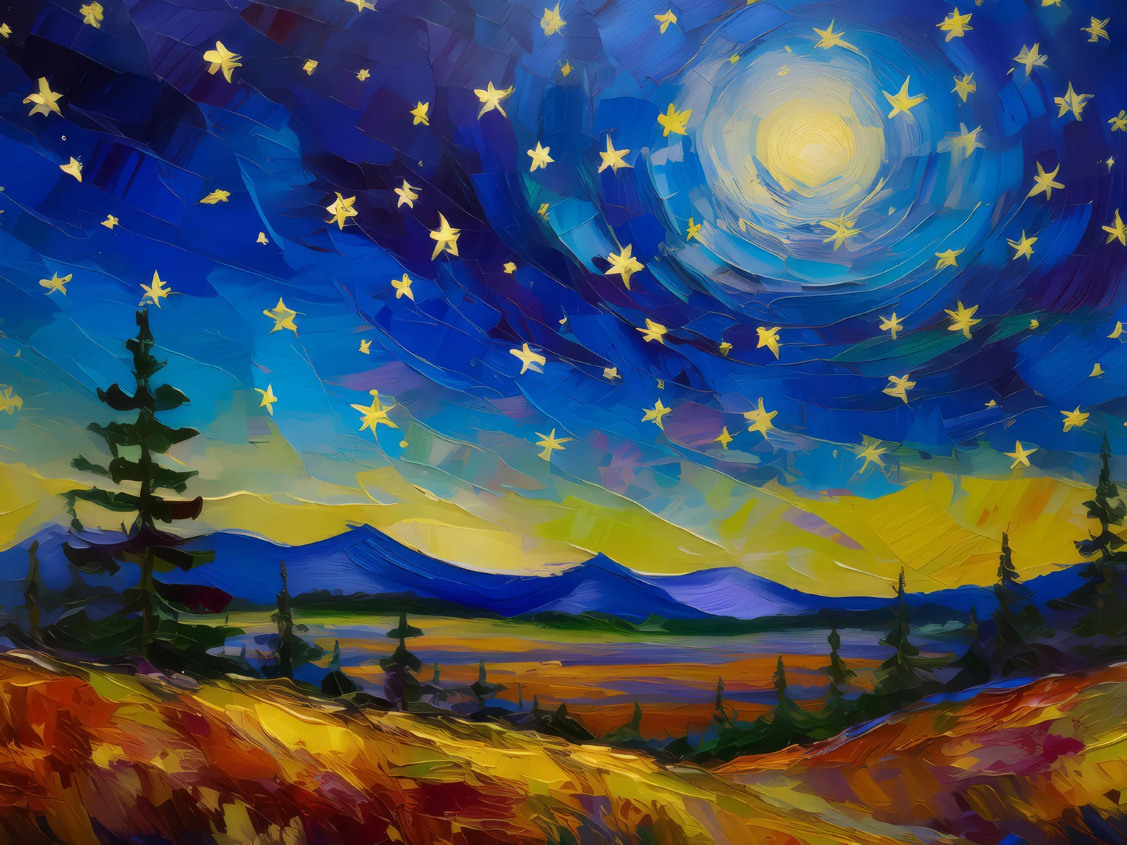 Night Sky Over Boreal Desert, a palette-knife oil landscape by Emma Mickelberg