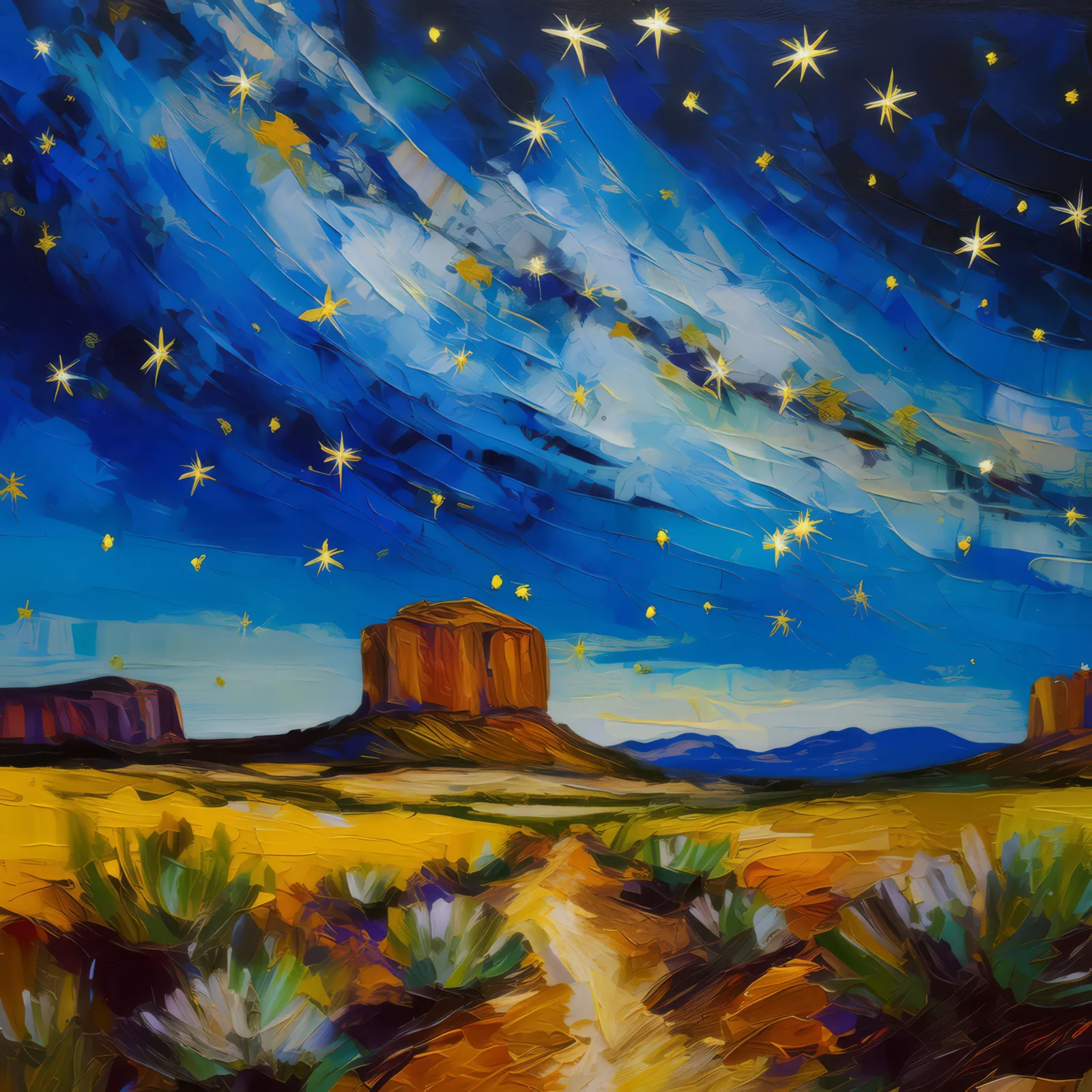 Night Sky Over Mesa, a palette-knife oil landscape by Emma Mickelberg