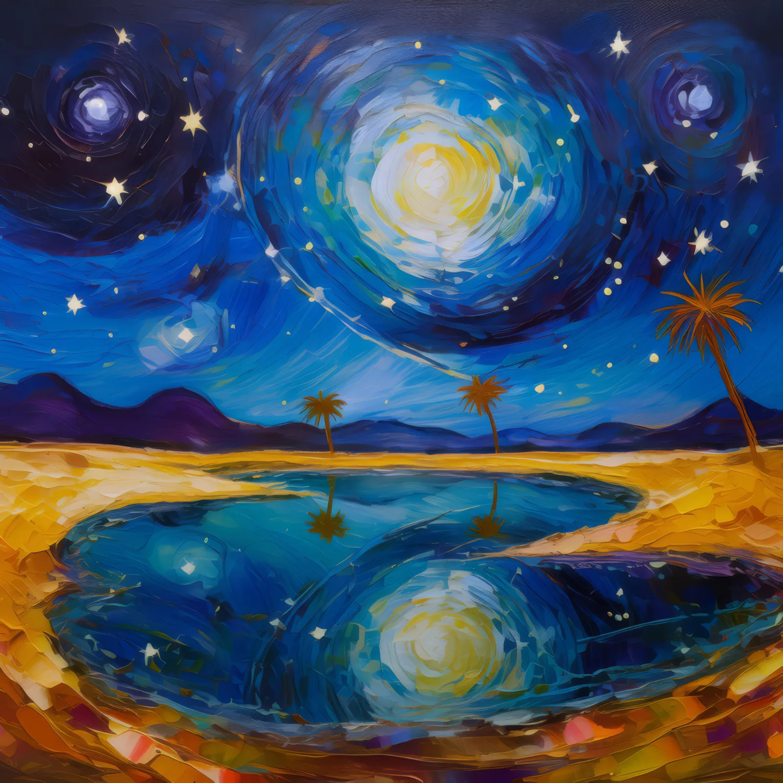 Night Sky Reflections in Ocean Desert, a palette-knife oil landscape by Emma Mickelberg