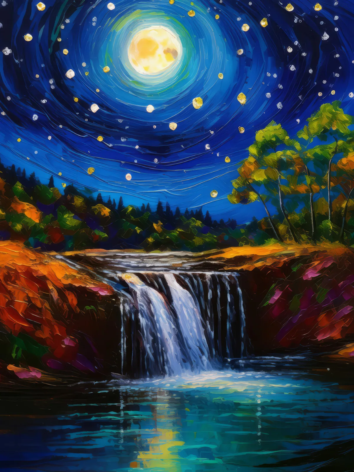 Night Sky Waterfall View, a palette-knife oil landscape by Emma Mickelberg