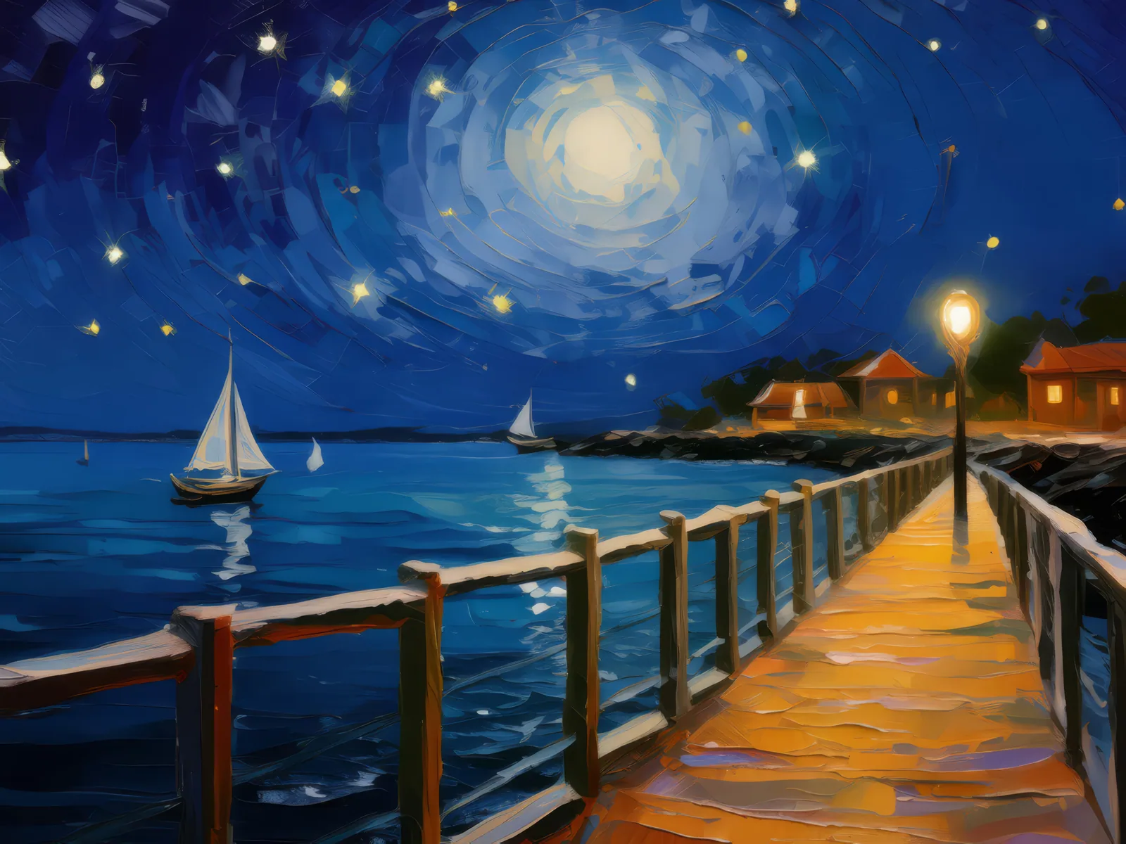 Night View from a Pier, a palette-knife oil landscape by Emma Mickelberg