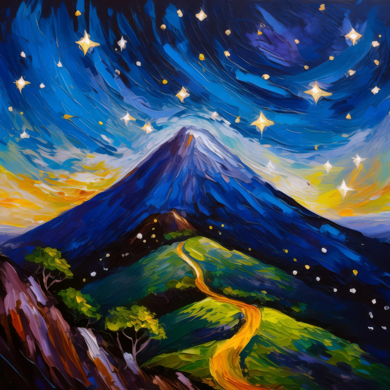 Nightfall on Tropical Ridge, a palette-knife oil landscape by Emma Mickelberg