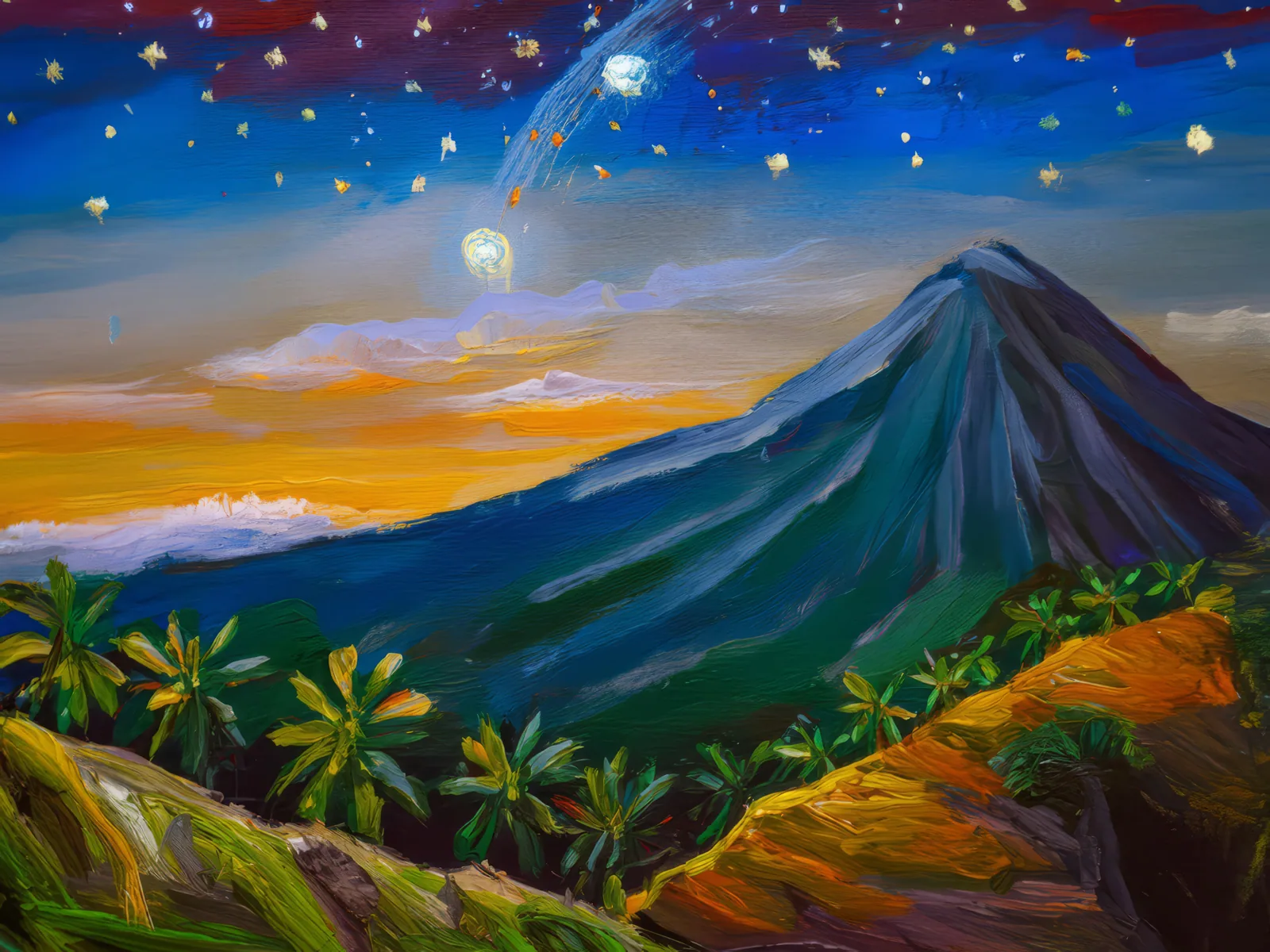 Nightfall on Tropical Slopes, a palette-knife oil landscape by Emma Mickelberg
