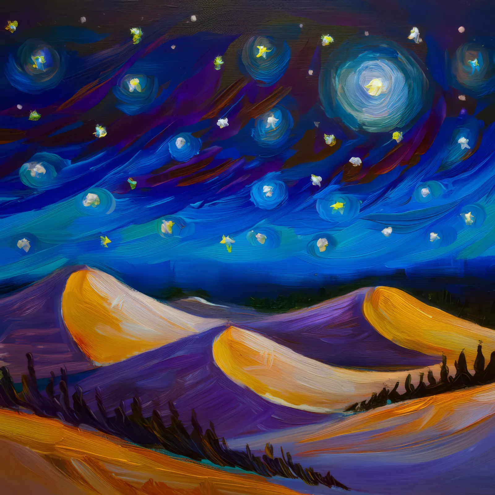 Nightfall Over Boreal Dunes, a palette-knife oil landscape by Emma Mickelberg