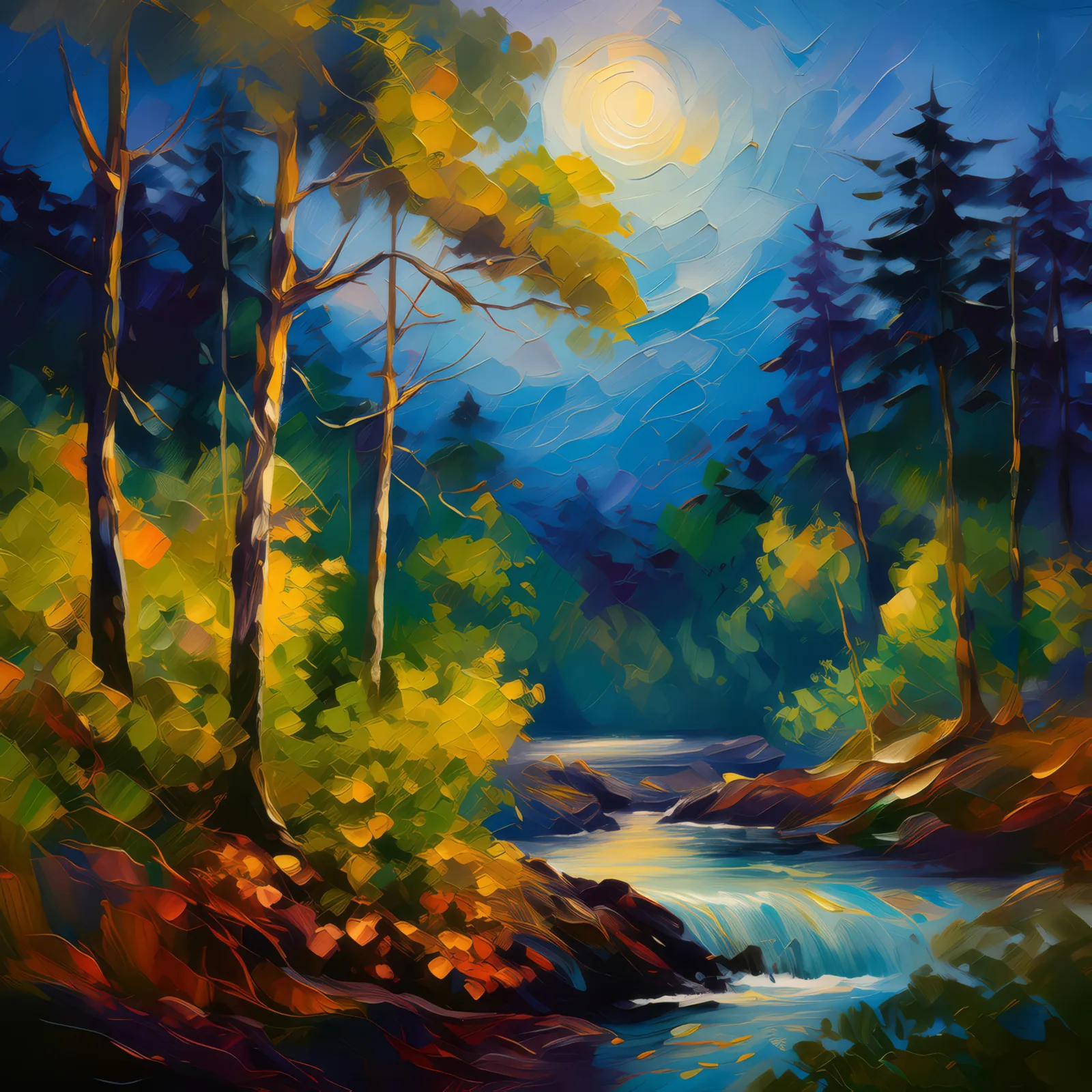 Nightfall's Whisper Among Trees, a palette-knife oil landscape by Emma Mickelberg