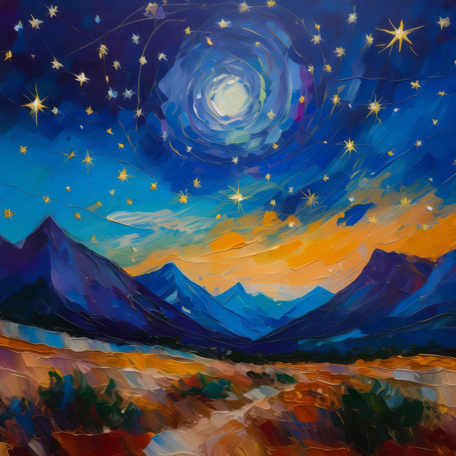 Nightfall's Whisper in Desert, a palette-knife oil landscape by Emma Mickelberg