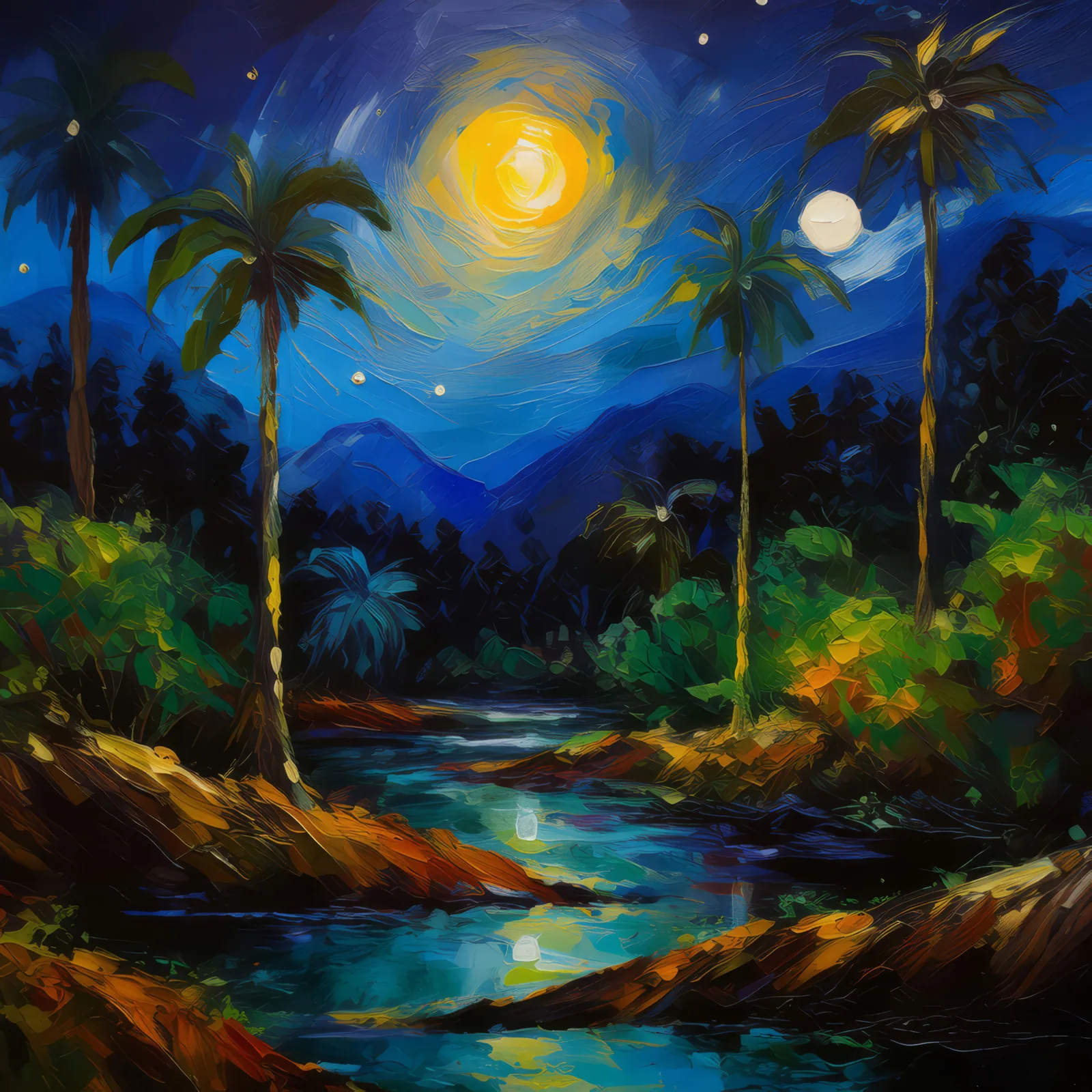 Night's Mantle Over Boreal Forest, a palette-knife oil landscape by Emma Mickelberg