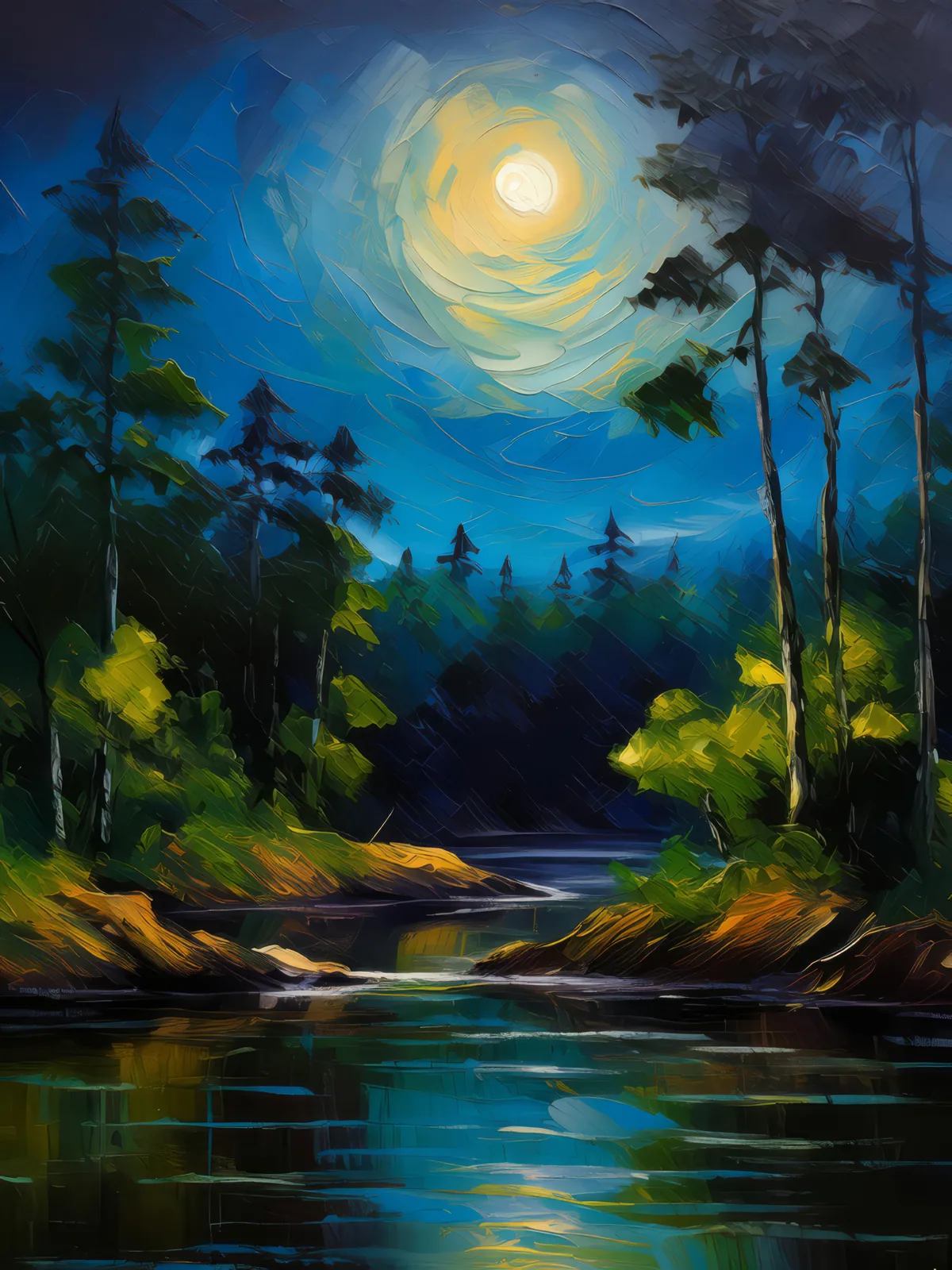 Night's Veil over the Jungle, a palette-knife oil landscape by Emma Mickelberg