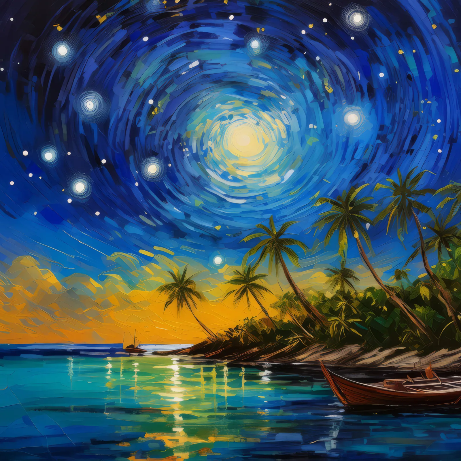 Nighttime Atoll Star Gazing, a palette-knife oil landscape by Emma Mickelberg