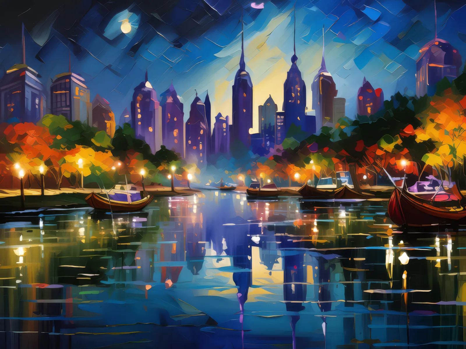 Nighttime Cityscape with River, a palette-knife oil landscape by Emma Mickelberg