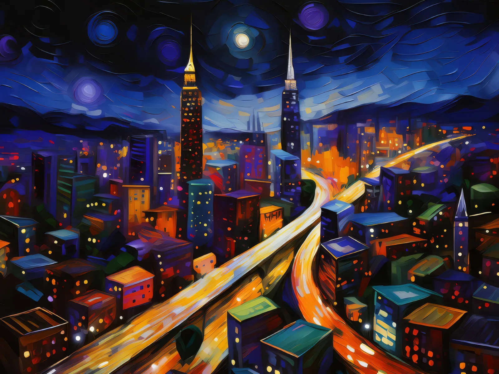 Nighttime Cityscape, a palette-knife oil landscape by Emma Mickelberg