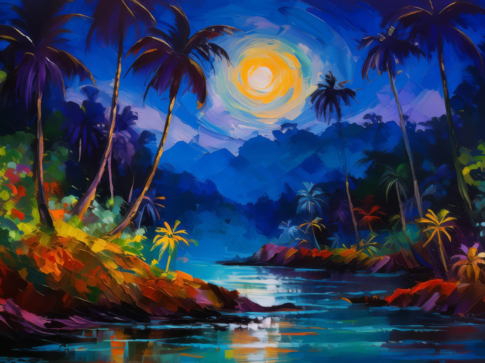 Nighttime Jungle Symphony, a palette-knife oil landscape by Emma Mickelberg