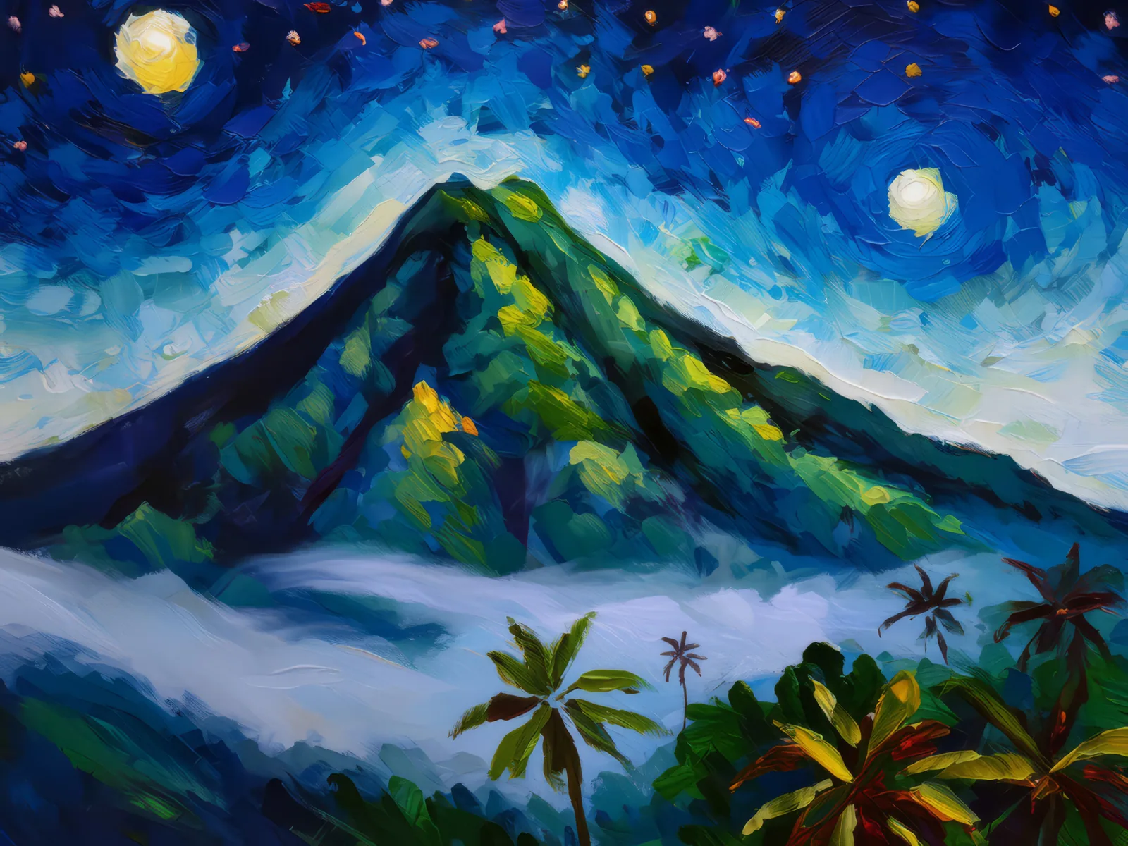 Nighttime Mist on Mountain, a palette-knife oil landscape by Emma Mickelberg