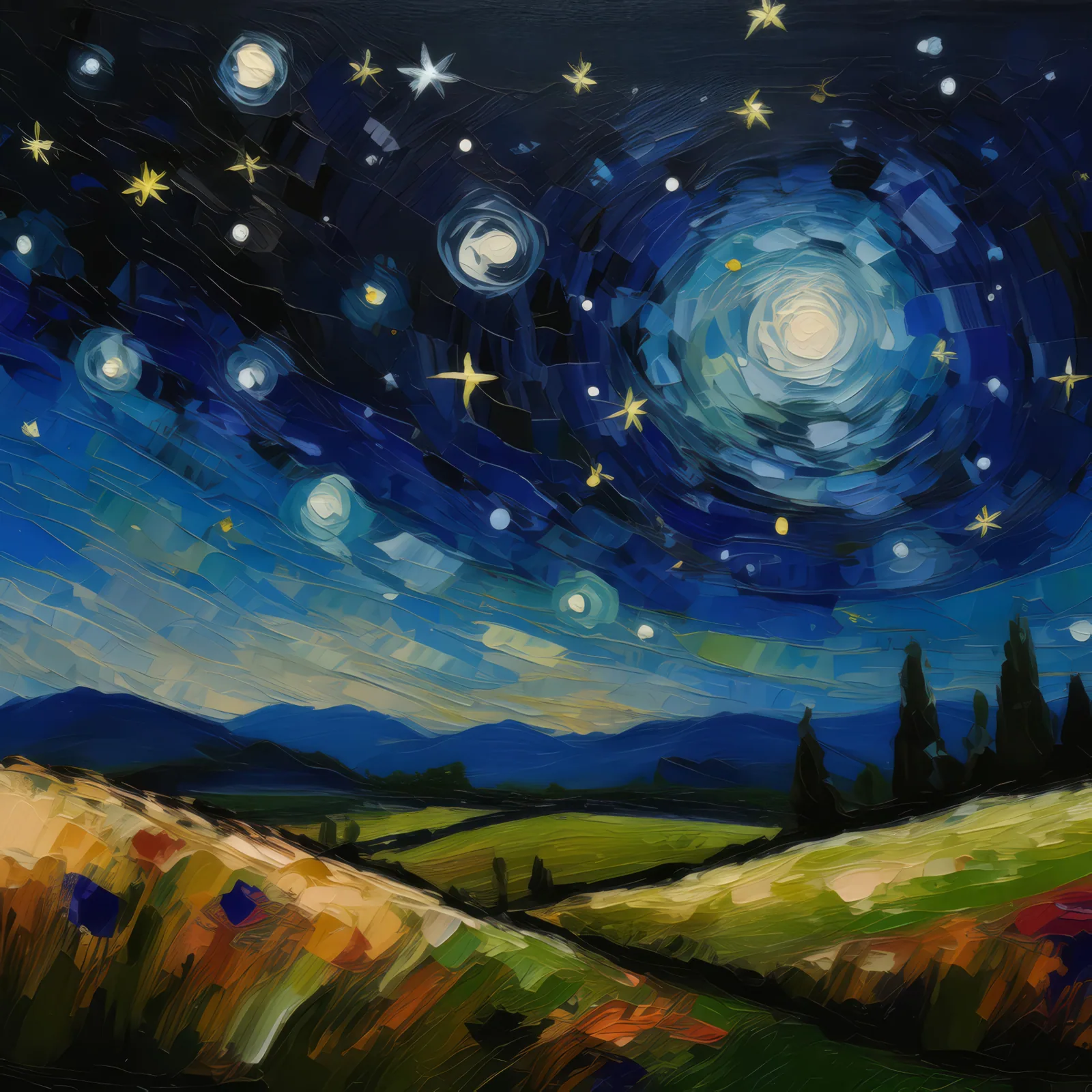 Nighttime Stars Above Grassland, a palette-knife oil landscape by Emma Mickelberg