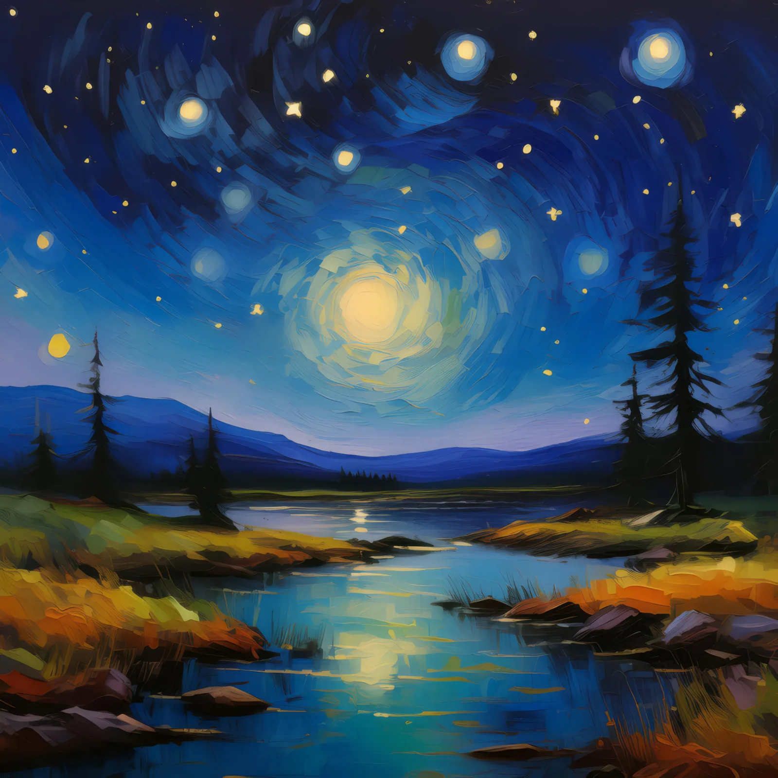 Nighttime Tundra Stillness, a palette-knife oil landscape by Emma Mickelberg