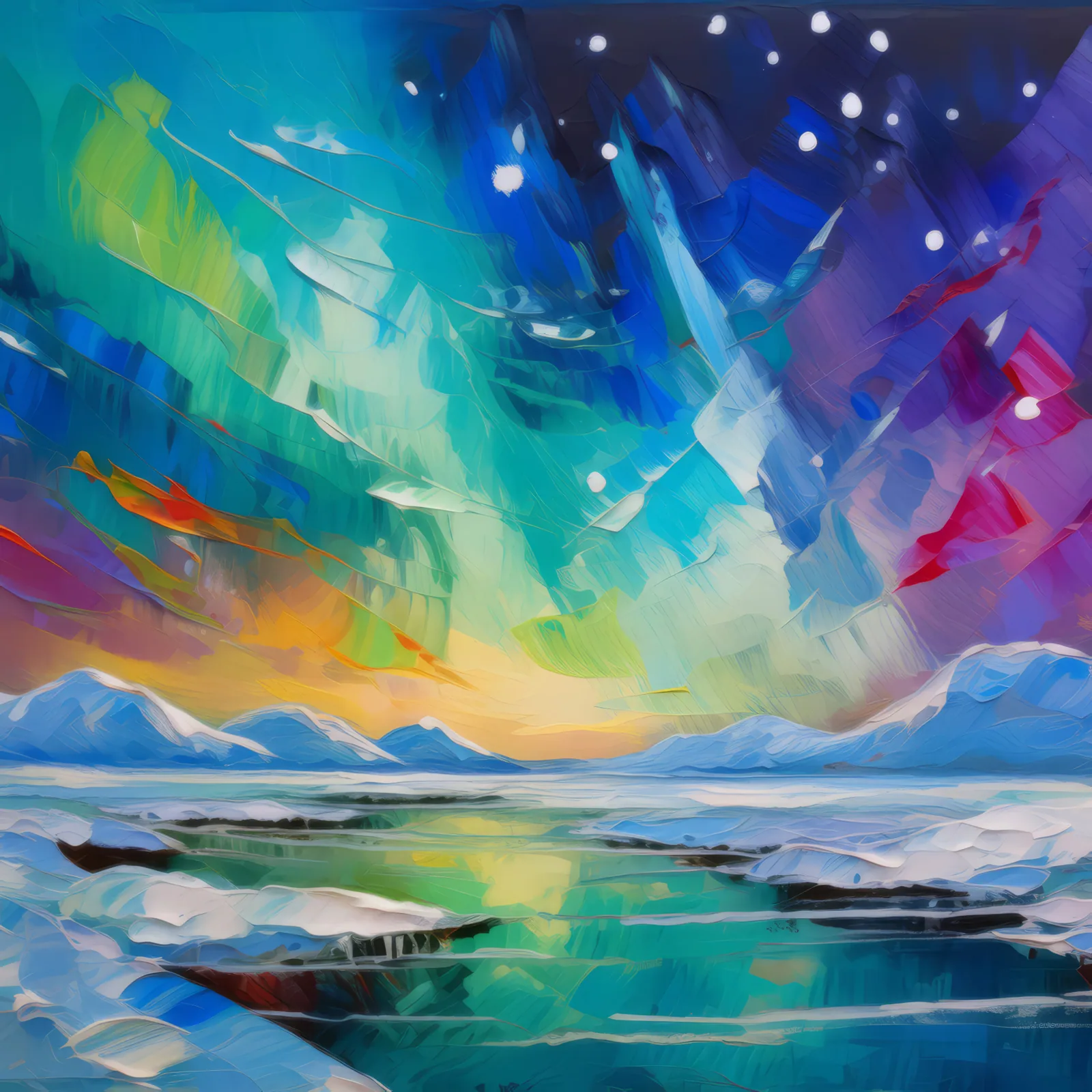 Northern Lights Arctic Display, a palette-knife oil landscape by Emma Mickelberg