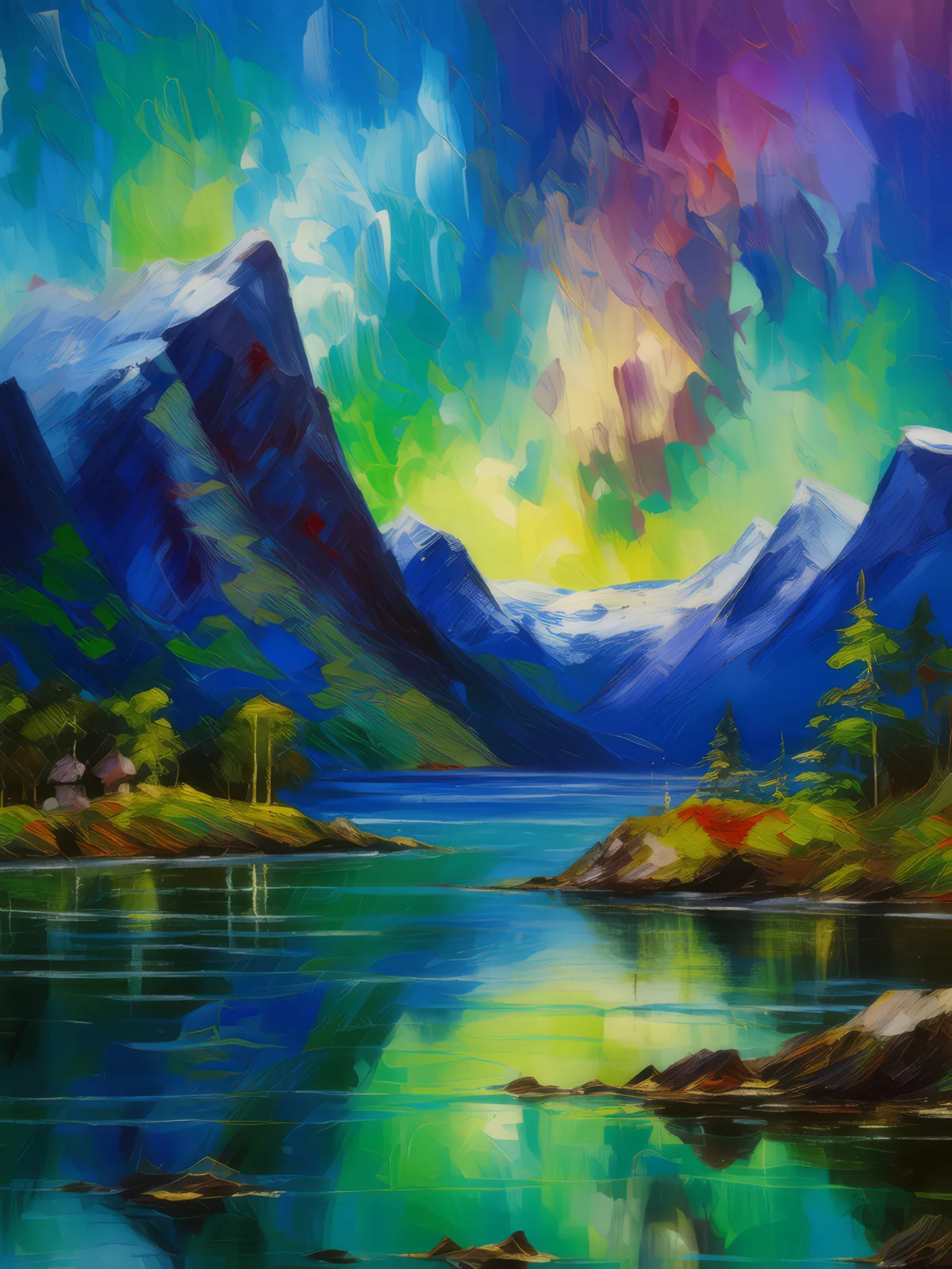 Northern Lights Over Fjord, a palette-knife oil landscape by Emma Mickelberg