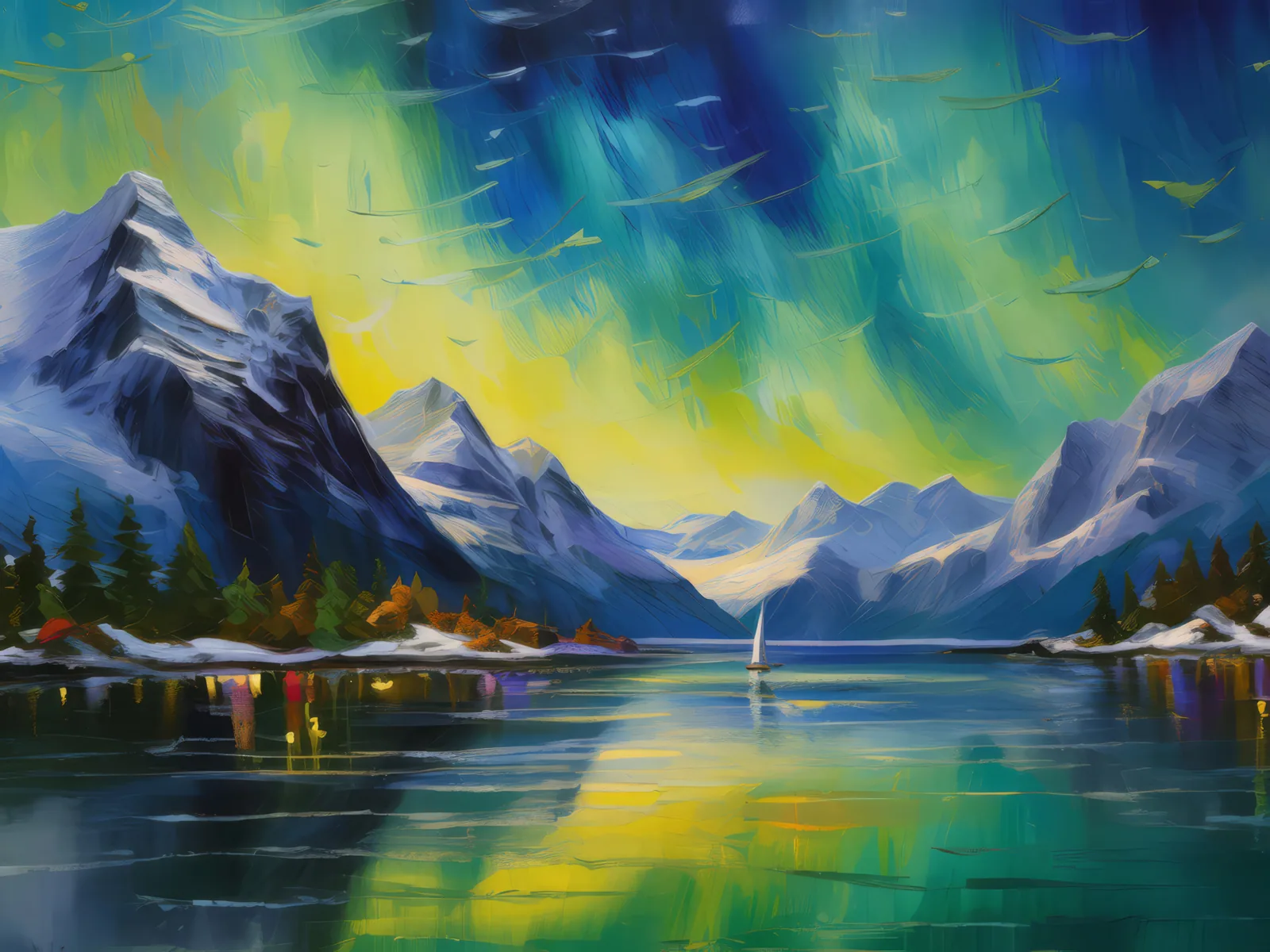 Northern Lights over the Fjord, a palette-knife oil landscape by Emma Mickelberg