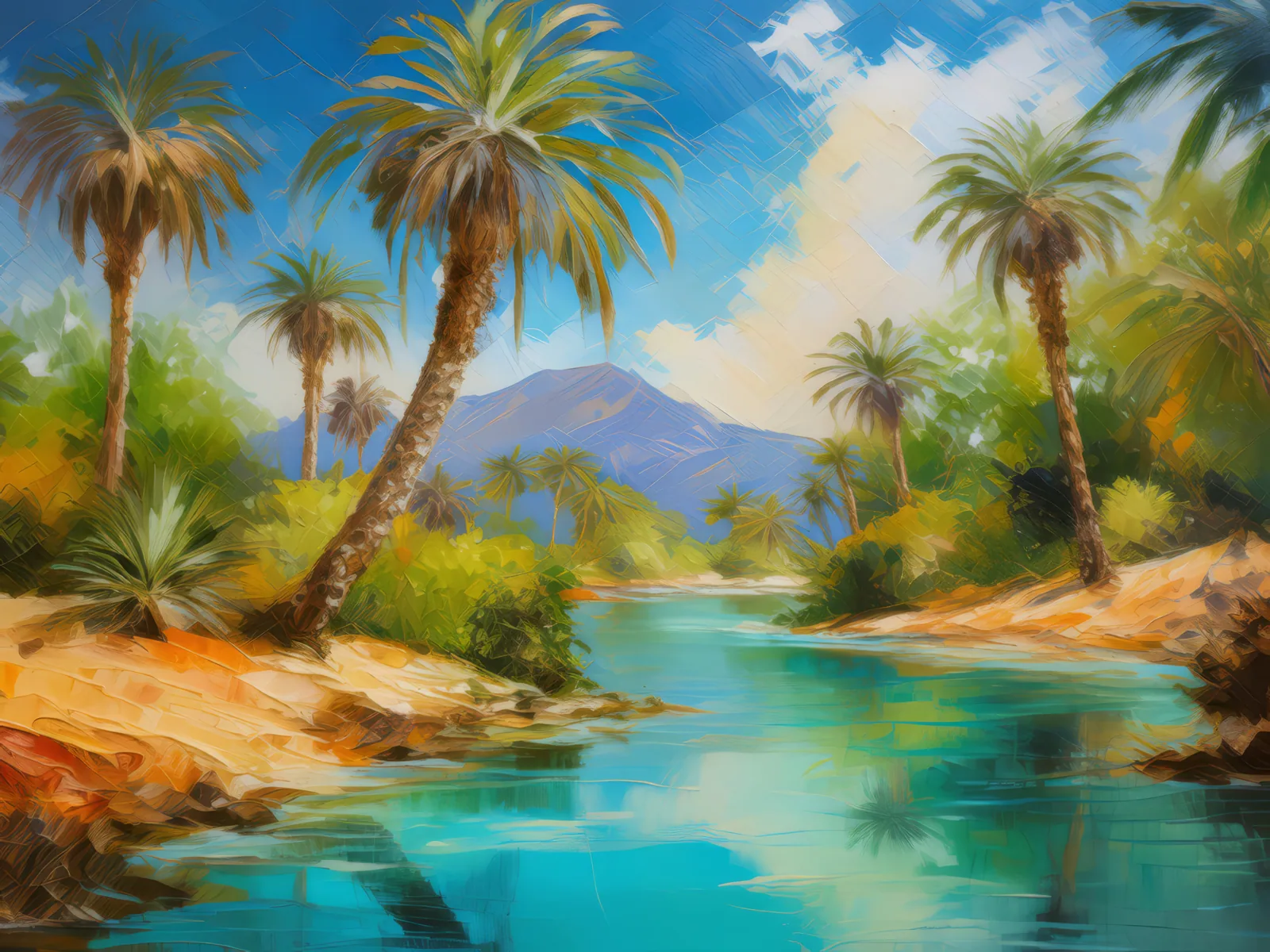Oasis Amidst Dunes, a palette-knife oil landscape by Emma Mickelberg