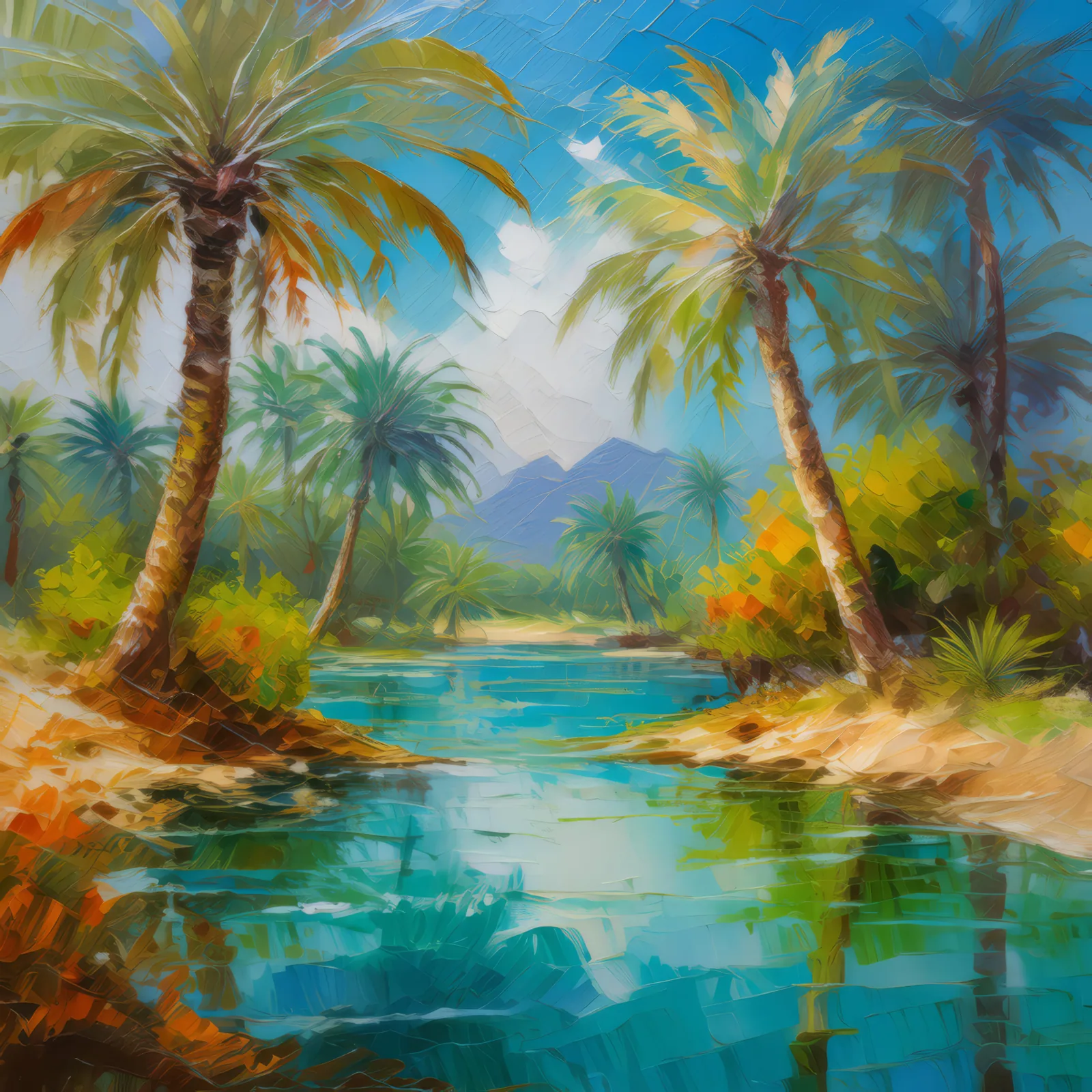 Oasis Among Dunes, a palette-knife oil landscape by Emma Mickelberg
