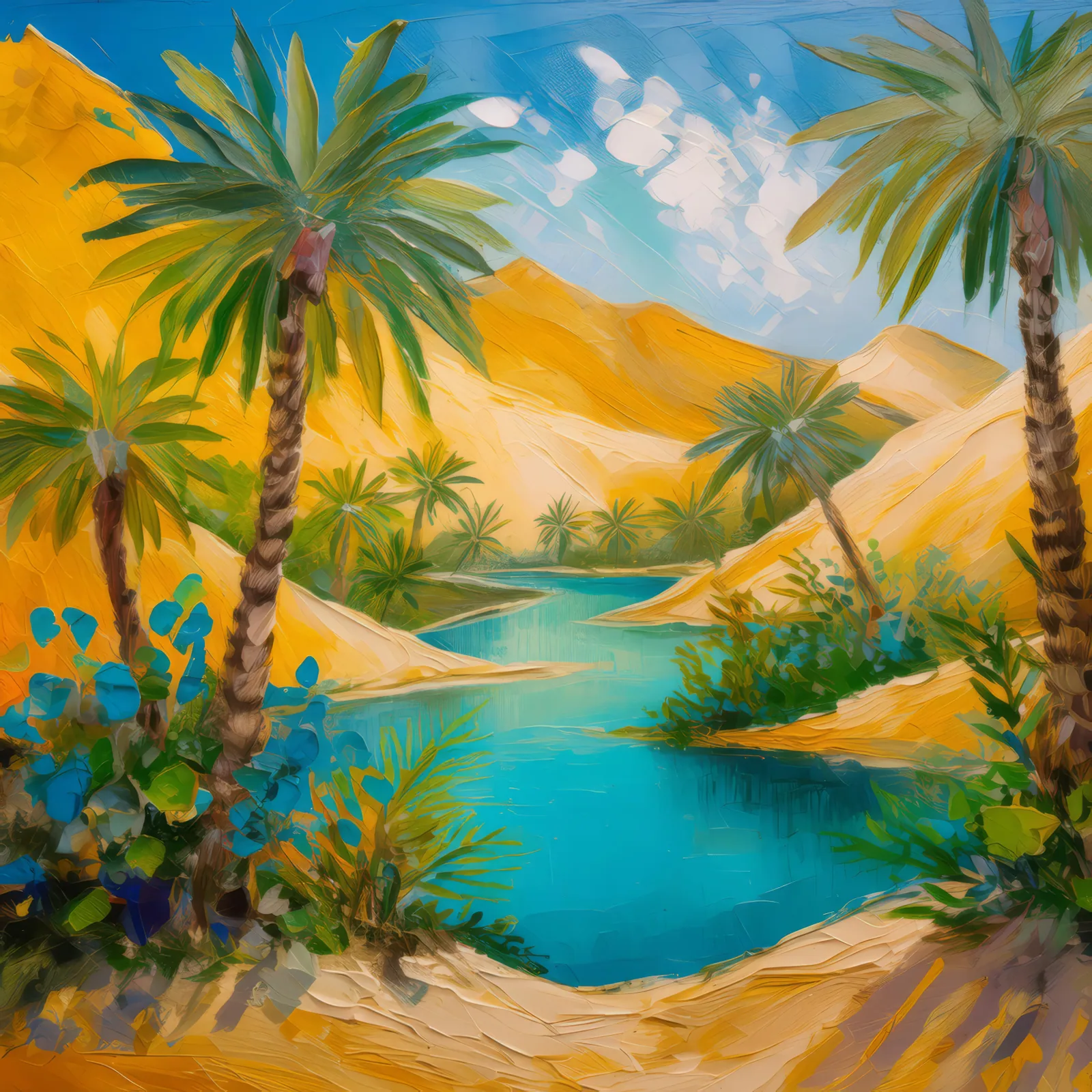 Oasis and Sand Dunes, a palette-knife oil landscape by Emma Mickelberg
