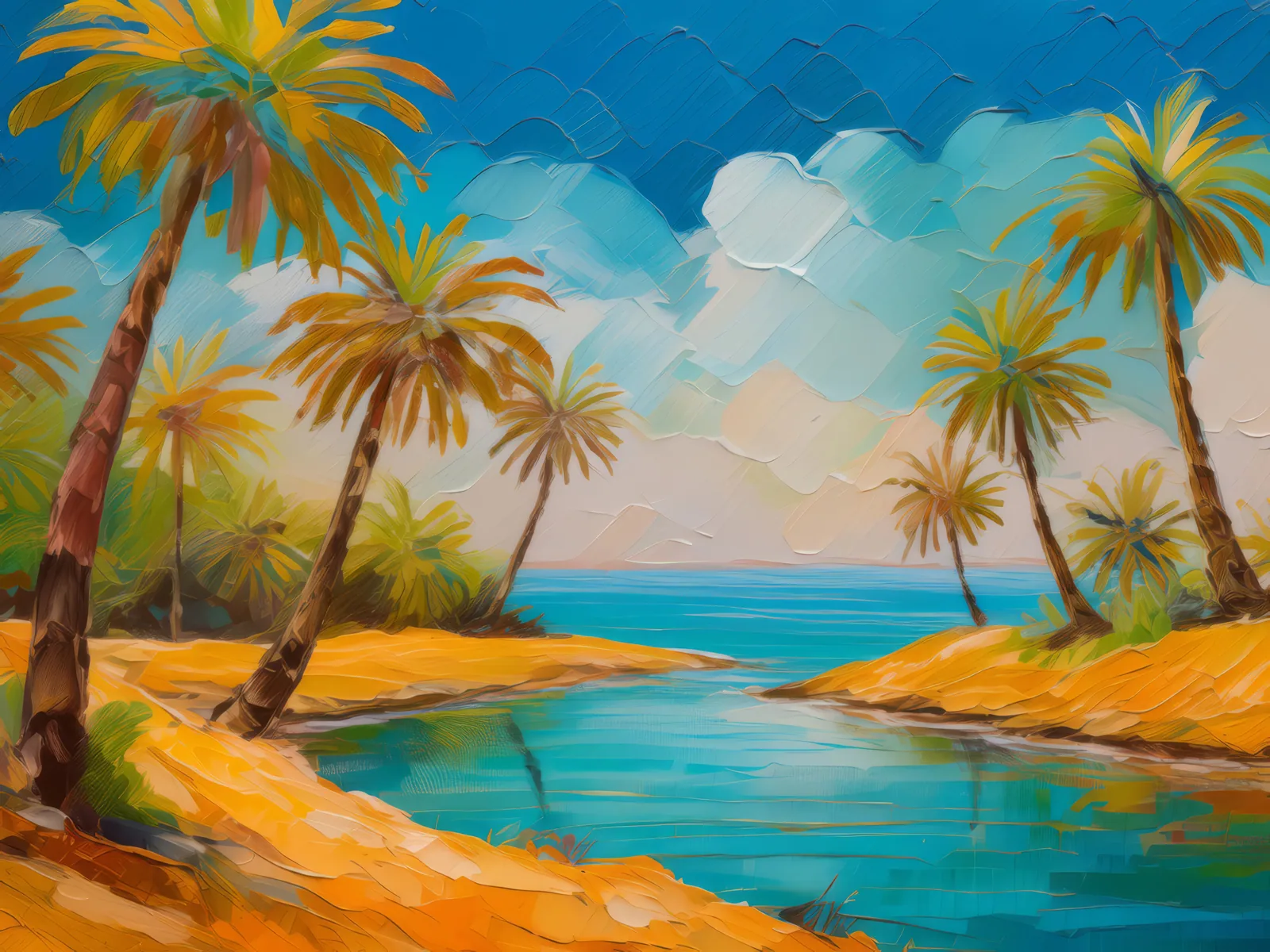 Oasis at Ocean's Edge, a palette-knife oil landscape by Emma Mickelberg